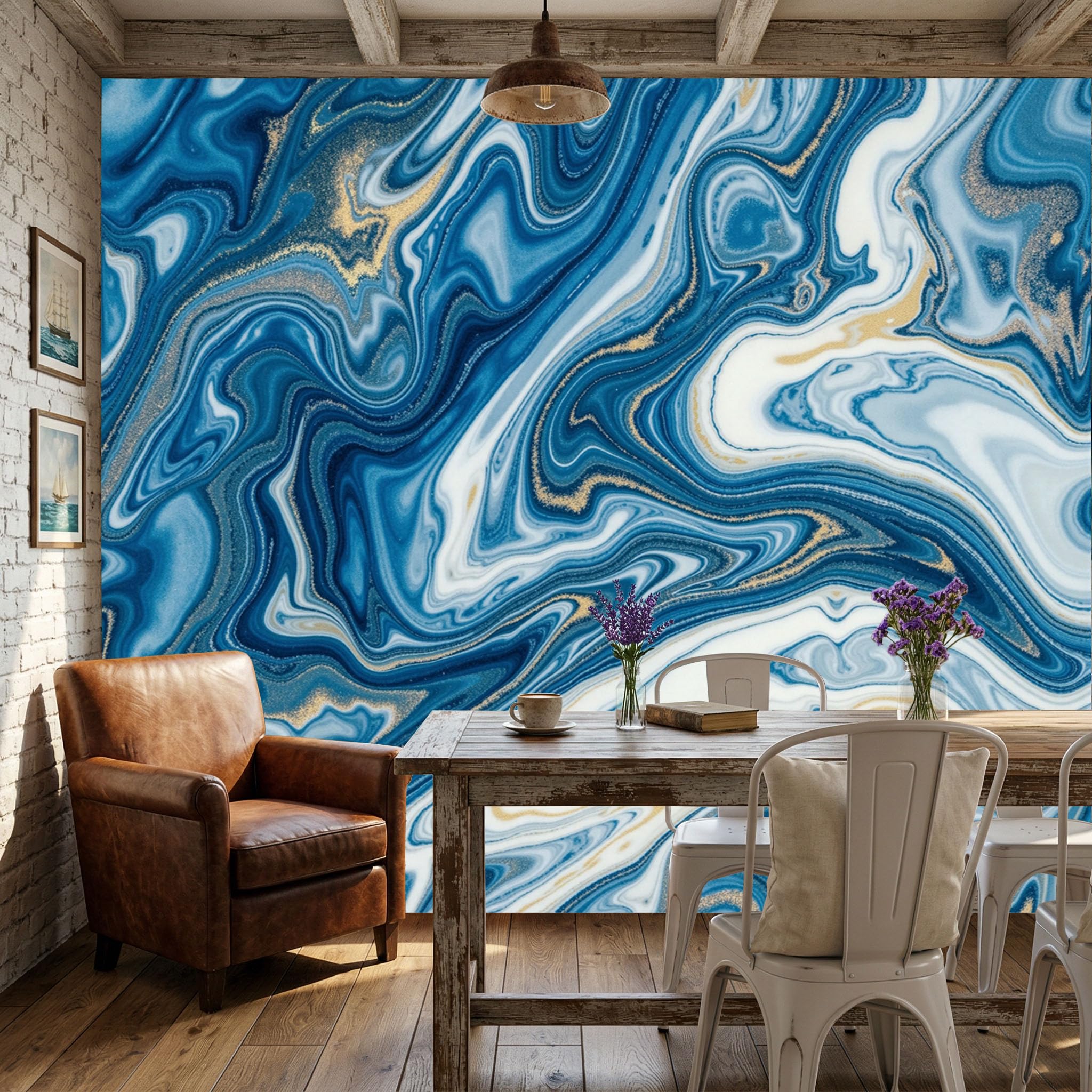 Papier peint mural salon bleu 350x256cm pour transformer un grand mur vide