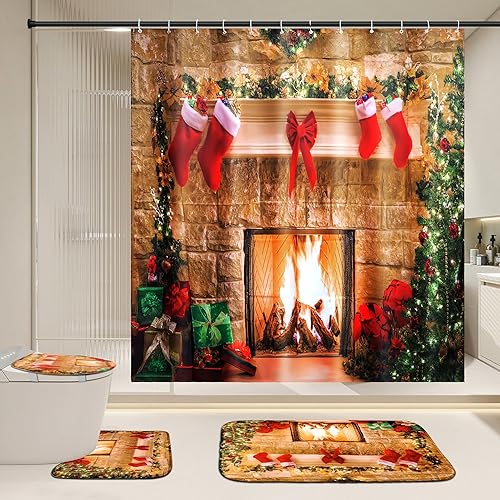 Juego de 4 cortinas de ducha con chimenea de Navidad, juego de baño vintage de Navidad con cortina de ducha y alfombras, cortina de ducha con medias