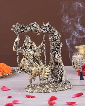 Premium Brass Radha Krishna Swing Statue, 15 CM Radha Krishna jhula Idols for Home Temple, Goddess Radha Lord Krishna Hindu Divine Couple, RadheKrishna Figurine |
