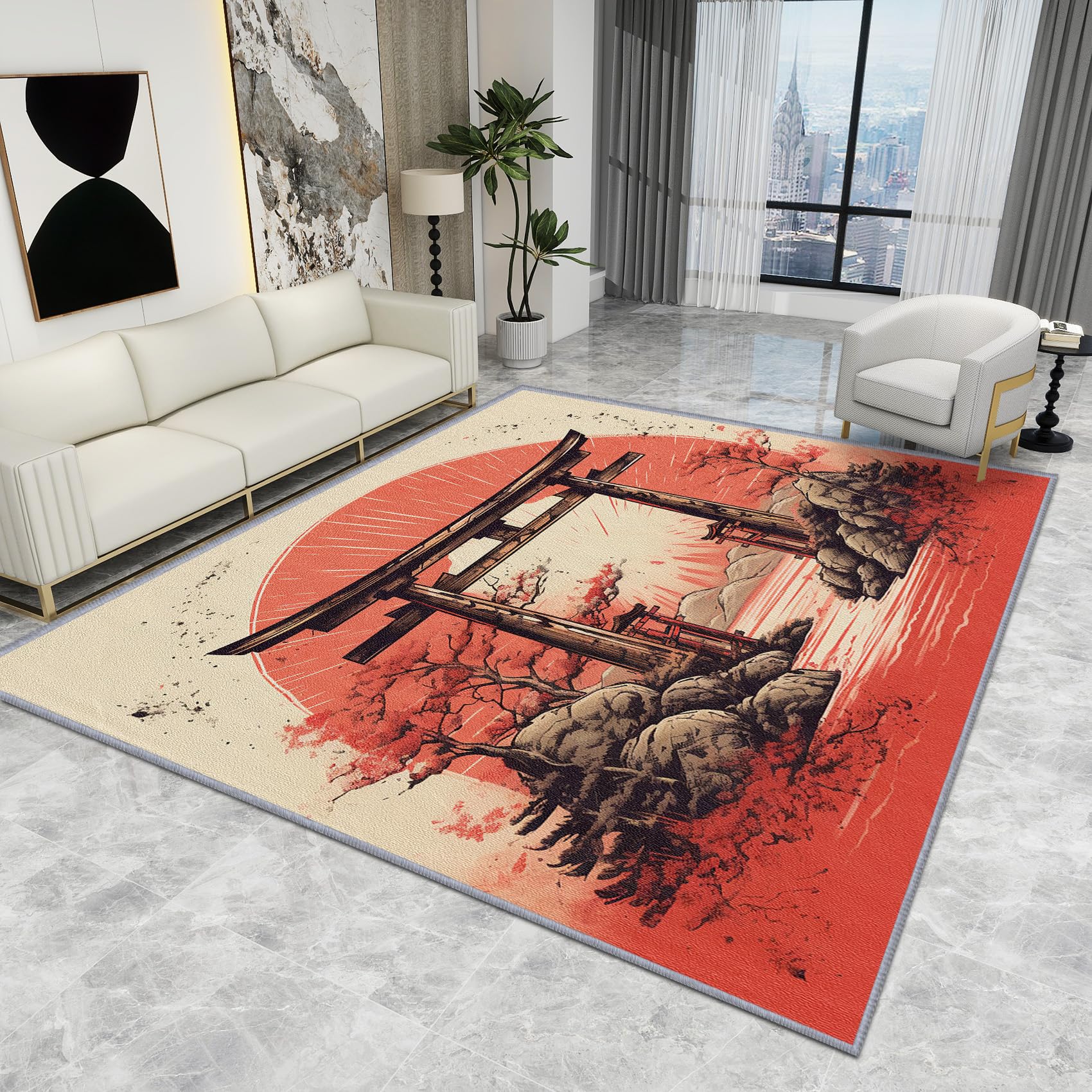 Japanese Rugs for Living Room - Japanese Rug - Vintage Torii Gate Rugs, Zen Oriental Asian Carpet, Washable Rug Non Slip Low Pile Soft Large Area Rugs, Japanese Home Decor Gifts, 80 X 150 cm