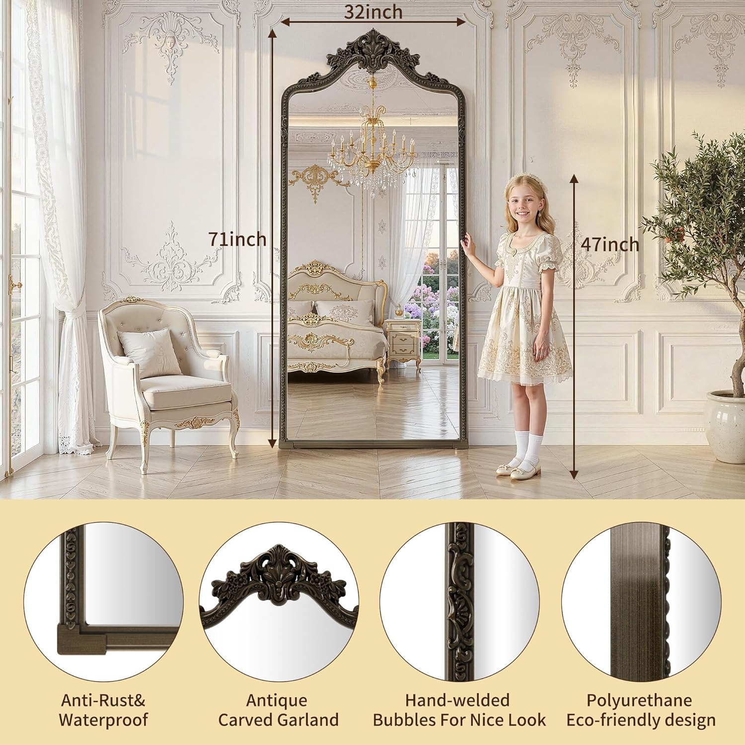 71"x32" Bronze Arched Full Length Mirror with Stand, Full Body Mirrors for Leaning or Hanging, Traditional Ornate Vintage Floor Mirror,Baroque Antique Long Mirrors for Wall,Decor, Living Room, Bedroom