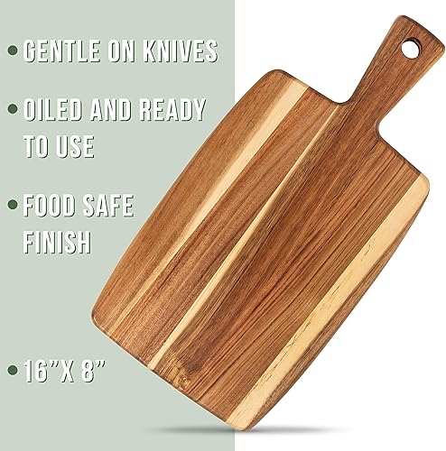 Vista 12 de Tabla de cortar de madera de acacia y tabla de cortar con mango para carne, tabla de queso, verduras, pan y embutidos – Tabla decorativa de madera