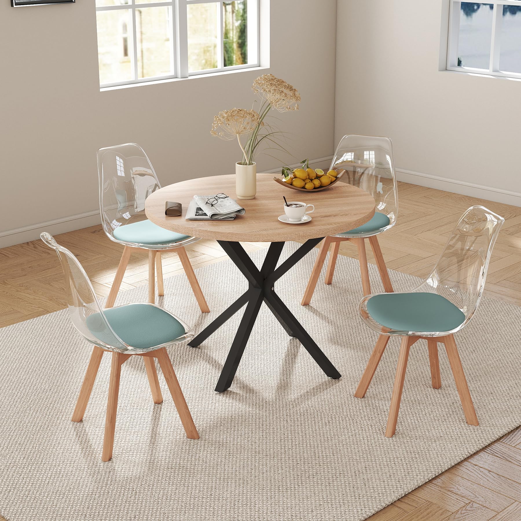 GrandCA HOME Set di 4 Sedie da Pranzo Nordiche con Schienale Trasparente, Sedia Imbottita con Sedile Imbottito in Velluto (Verde-Velluto)