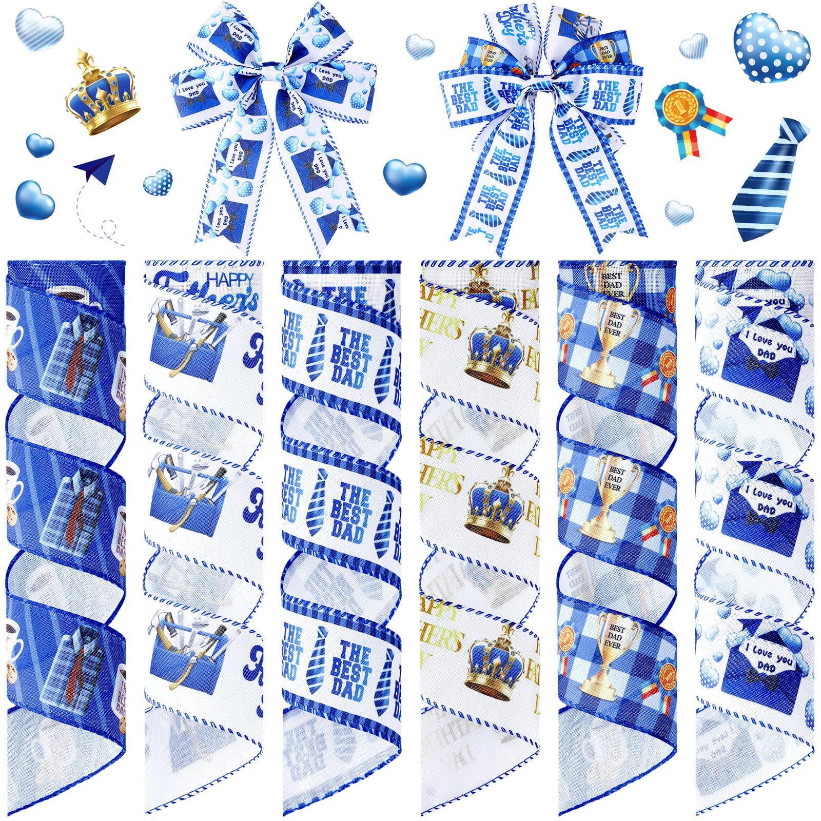 Yuxung 6 Rolls 30 Yards Father's Day Blue Gift Craft Ribbon for Happy Father's Day Party Decorative Ribbon Gift Wrap Ribbon for Wrapping Gifts Making Bow Box Table Decor