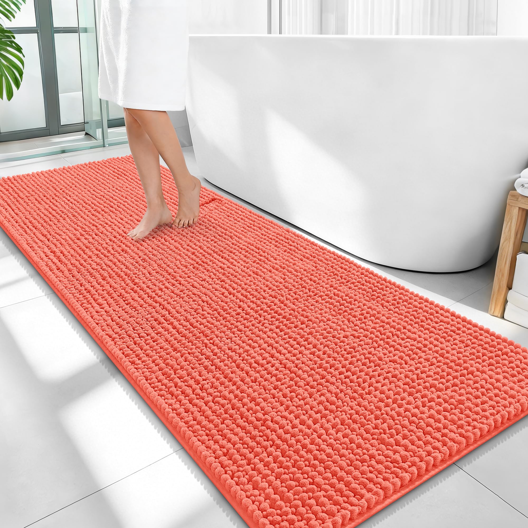 OLANLY Thick Chenille Bathroom Runner Rugs 59x24, Absorbent Bath Mat, Coral