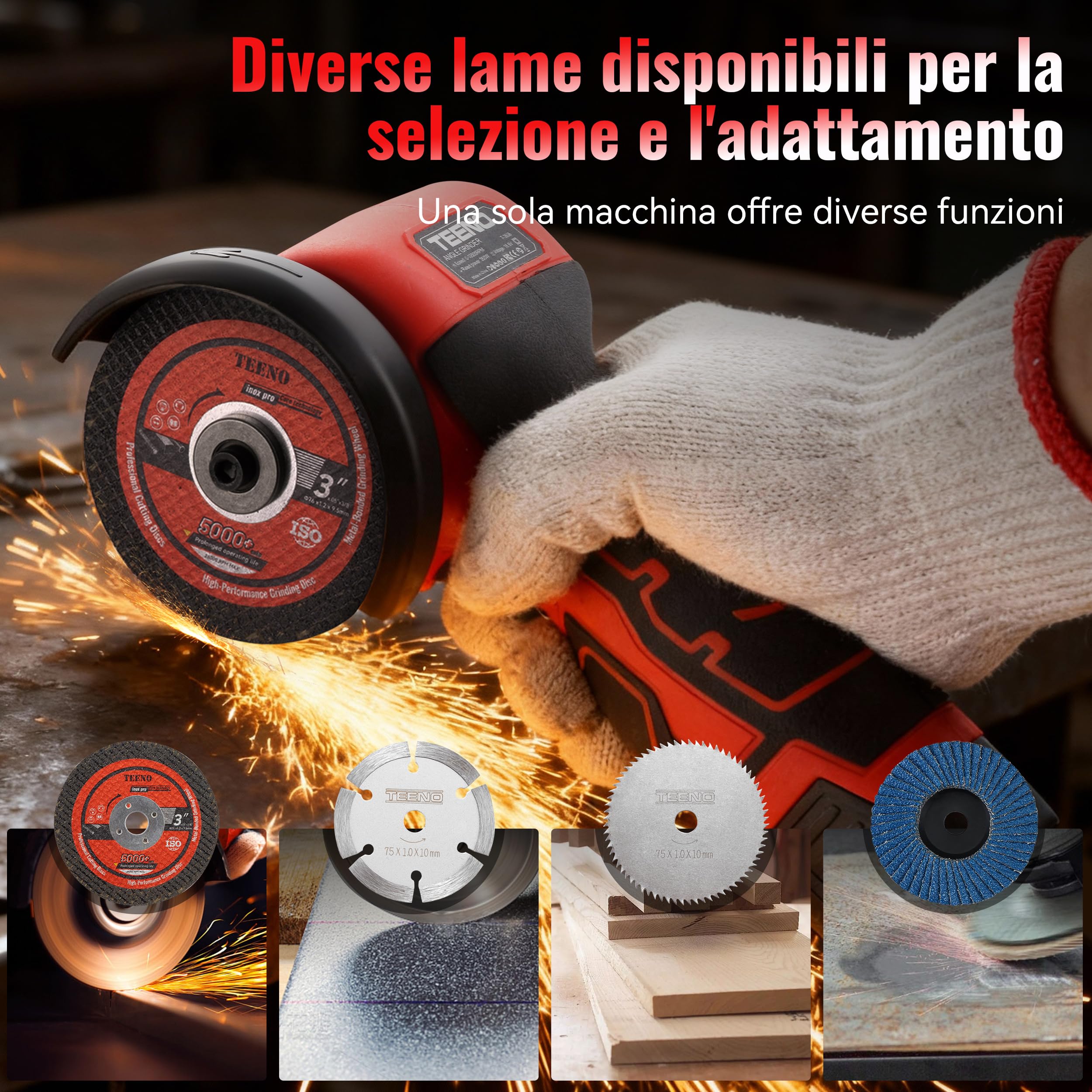 Smerigliatrice Angolare TEENO 19.500 RPM - Smerigliatrice Senza Filo 76mm, Kit Completo con 2 Batterie 2000mAh e 6 Dischi - Per Smerigliatura, Lucidatura, Taglio Professionale