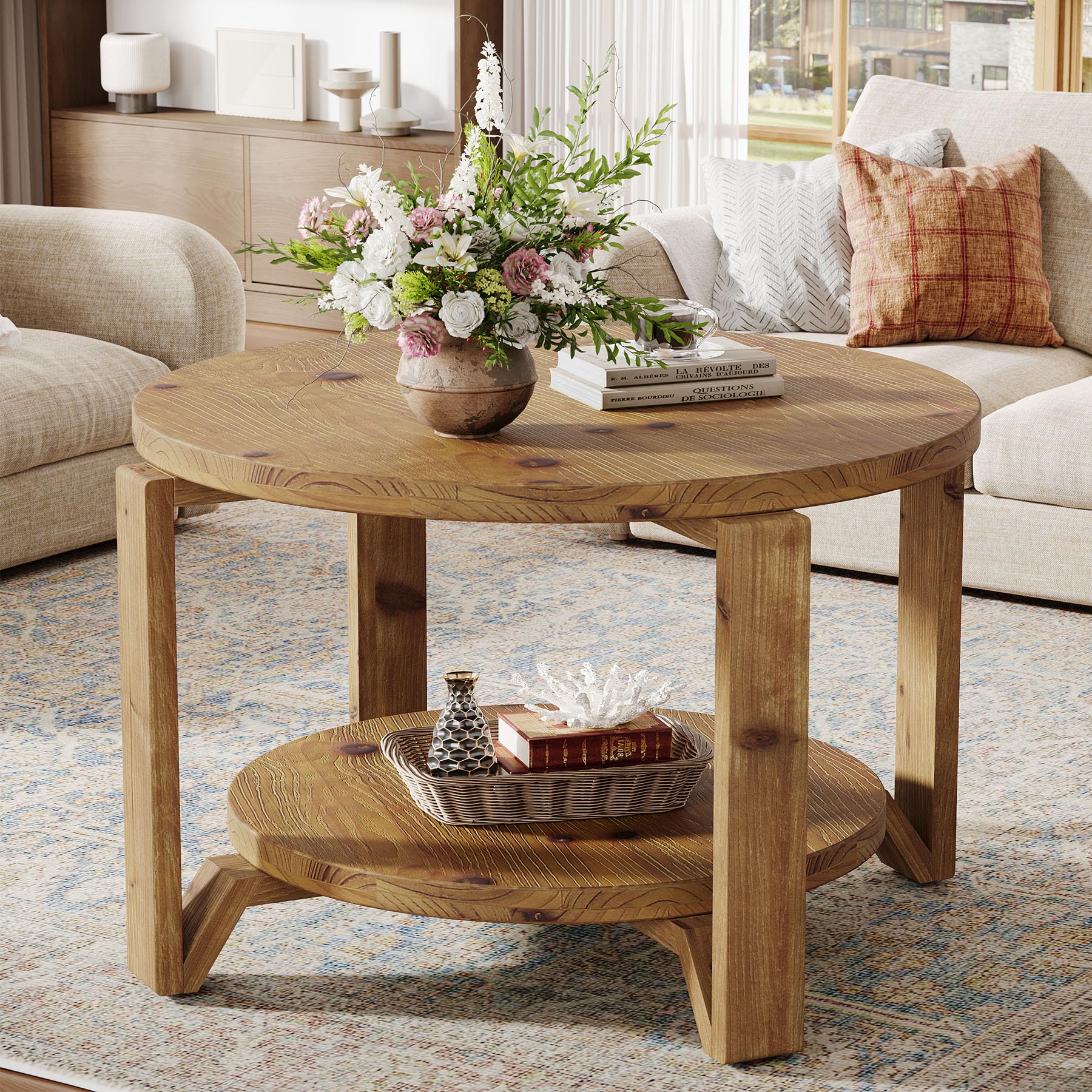 Tribesigns Mesa de Centro Redonda de Madera Maciza, 80cm Mesa Centro Madera de 2 Niveles con Estantes de Almacenamiento, Moderno Acento de Madera Central para Sala de Estar, Oficina en Casa, Marrón