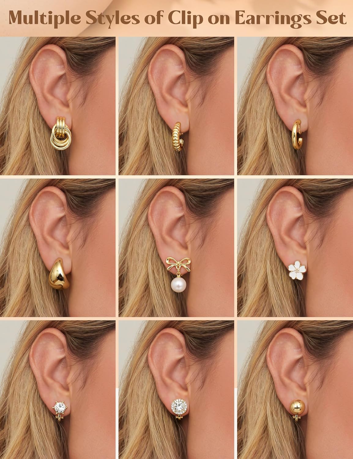LOLIAS Clip On Earrings for Women 14K Gold Plated Clip Earrings Non Pierced Ears Clips CZ Pearl Knot Twist Chunky Hoop and Studs Earring Set Hypoallergenic Fake Earings Jewelry