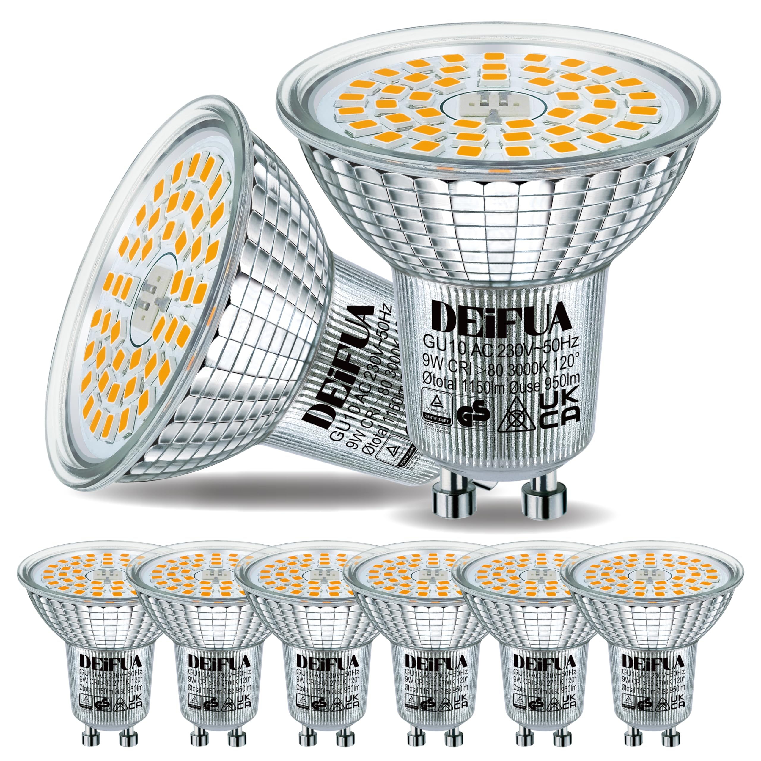 DEIFUA GU10 LED Lampe Warmweiß 3000K 9W 1150 Lumen Ersetzt 120W PAR16 Halogen Leuchtmittel, 6er-Pack, Nicht Dimmbar Reflektorlampen, Flimmerfrei Strahler, Abstrahlwinkel 120° Spot Birnen