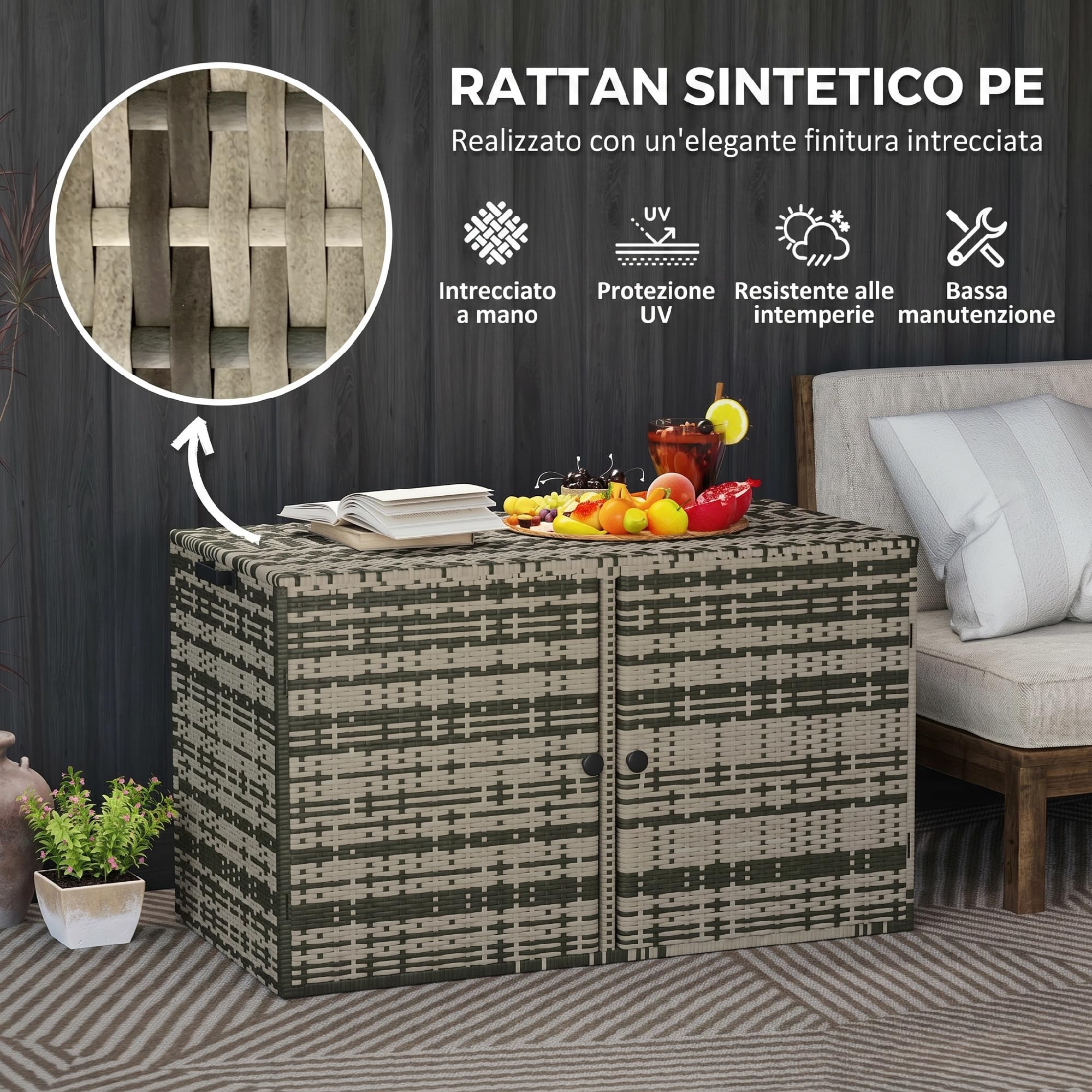 Outsunny Rattan Auflagenbox 350L 2-Ebenne wetterfest Kissenbox mit Deckel Hebestangen Tragegriffe UV-beständig Gartenbox Aufbewahrungsbox Gartentruhe für Garten Terrasse Balkon 118x57x69 cm Mischgrau