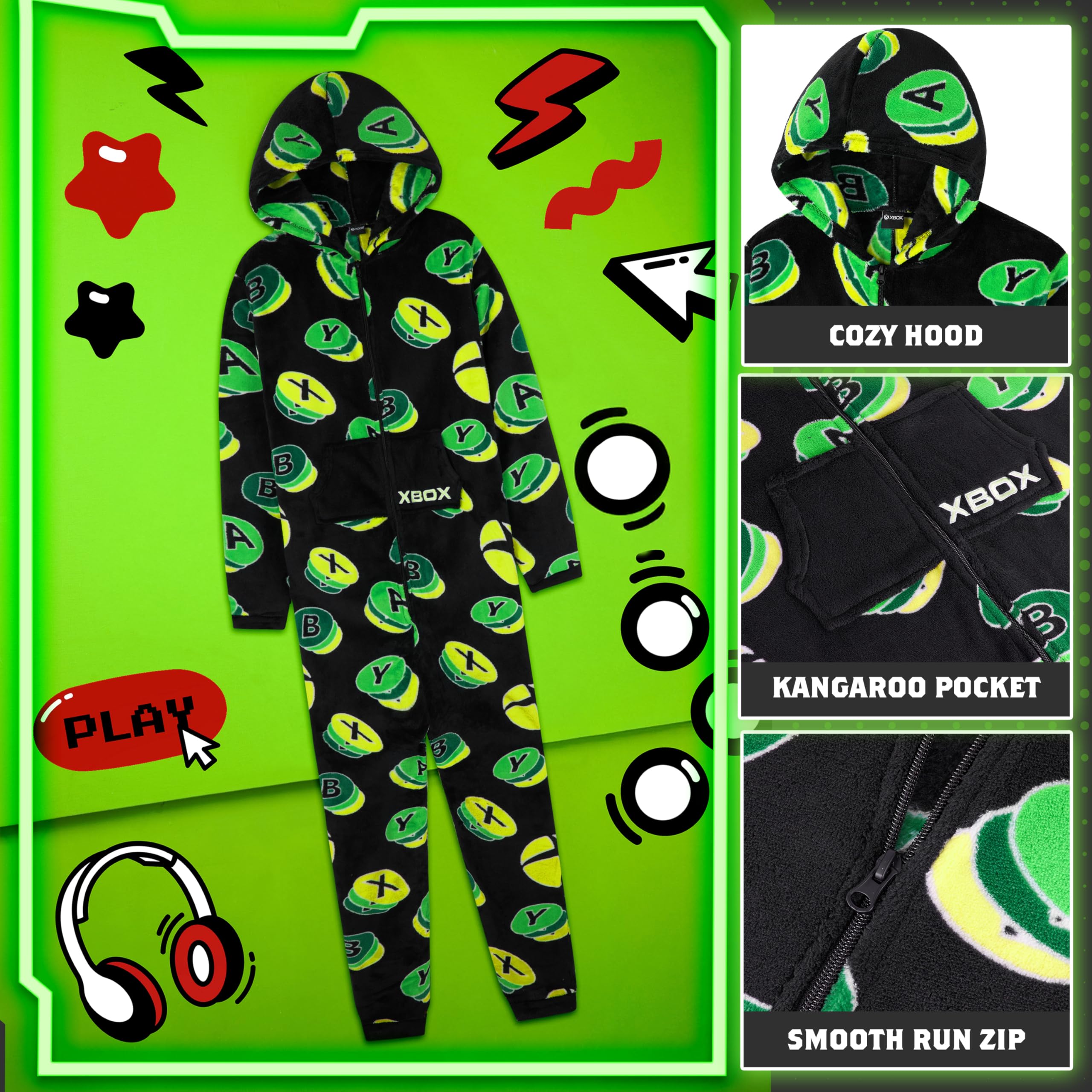 Xbox Tuta Intera Bambino e Adolescenti Tutto in Uno Pile Accogliente Pigiama Intero Incappucciato Regalo Ragazzo