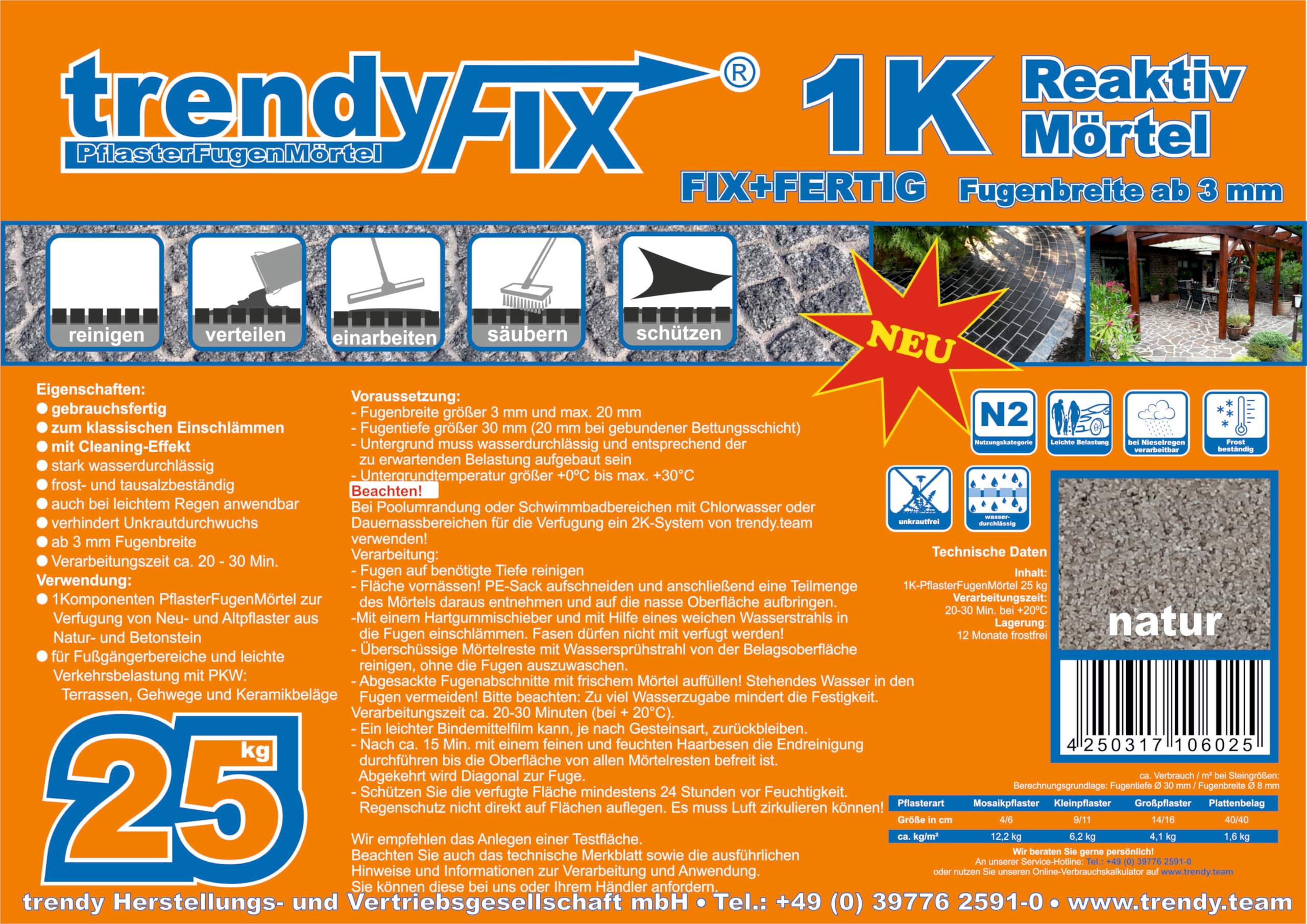 1K TrendyFIX+Malta per fughe senza erbacce – 25 kg (naturale) | Malta reattiva pronta all'uso