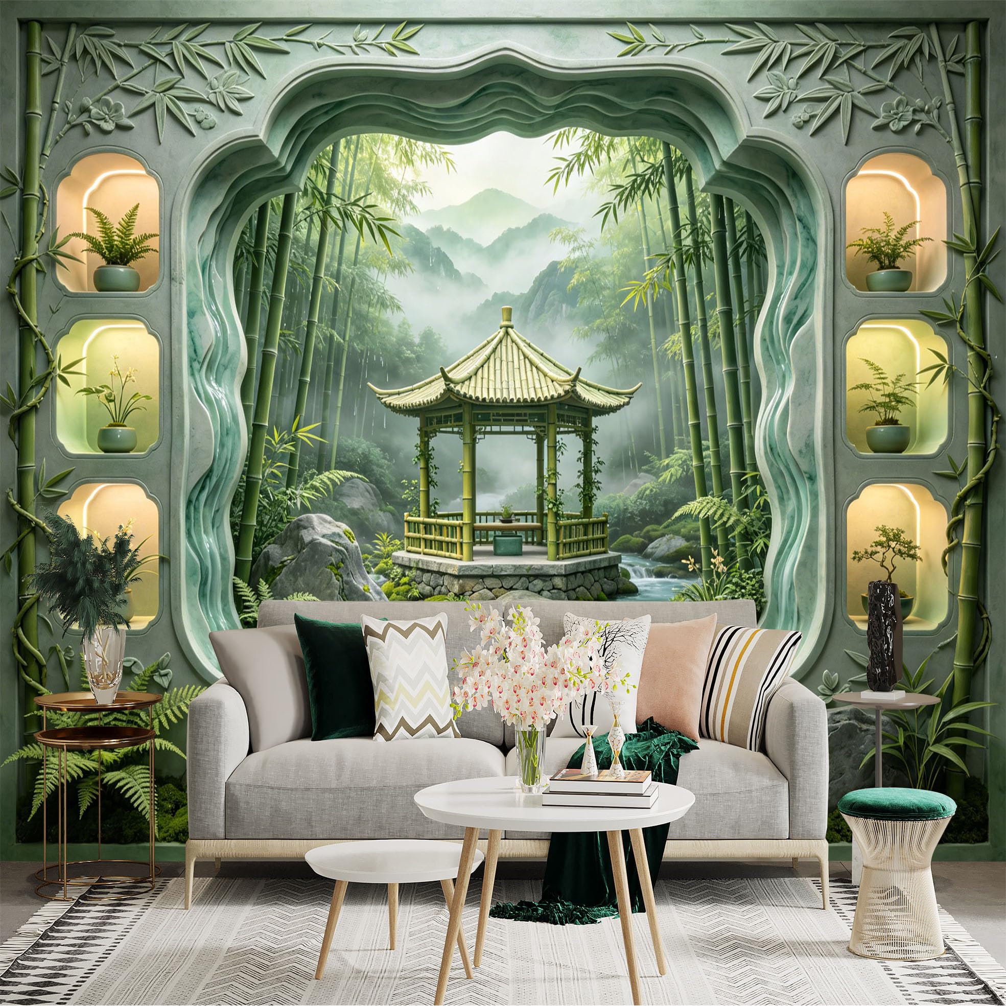Custom Size Wall Sticker Mural， Bamboo Forest with Pavilion， Stream and Zen Garden， for wall Decoration， peelandstick wall Decals.