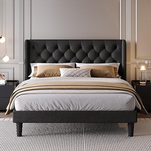 SHA CERLIN Base de cama de plataforma tamaño Queen con cabecera tapizada y respaldo de alas, diseño capitoné con botones, fácil montaje, color negro