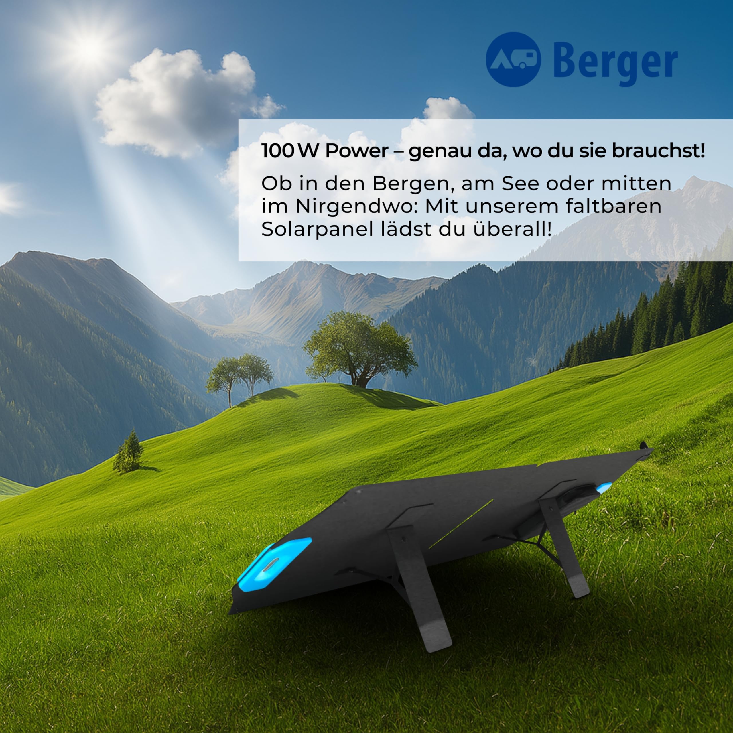 BERGER Kit de panneau solaire pliable 100 W avec régulateur de charge - Module solaire complet avec MC4 et pinces crocodiles - Panneau solaire de camping pour station d'alimentation et batterie