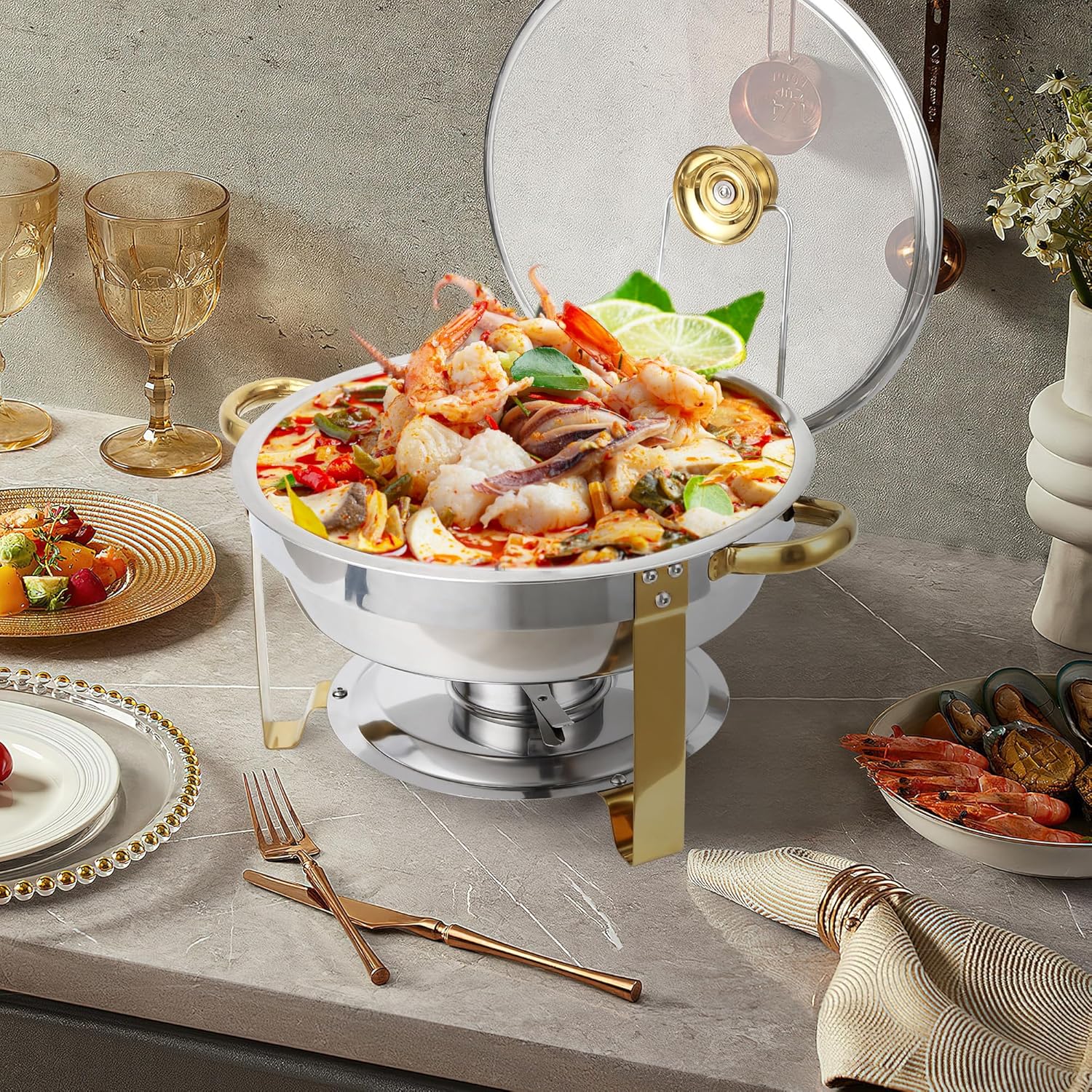 LinTimes Chafing Dish for Buffet Set of 2, 5QT Stainless Steel Round Chafing Dishes for Buffet with Visible Glass Lid and Holder, Buffet Servers and Warmers for Parties, Wedding, Catering, Gold