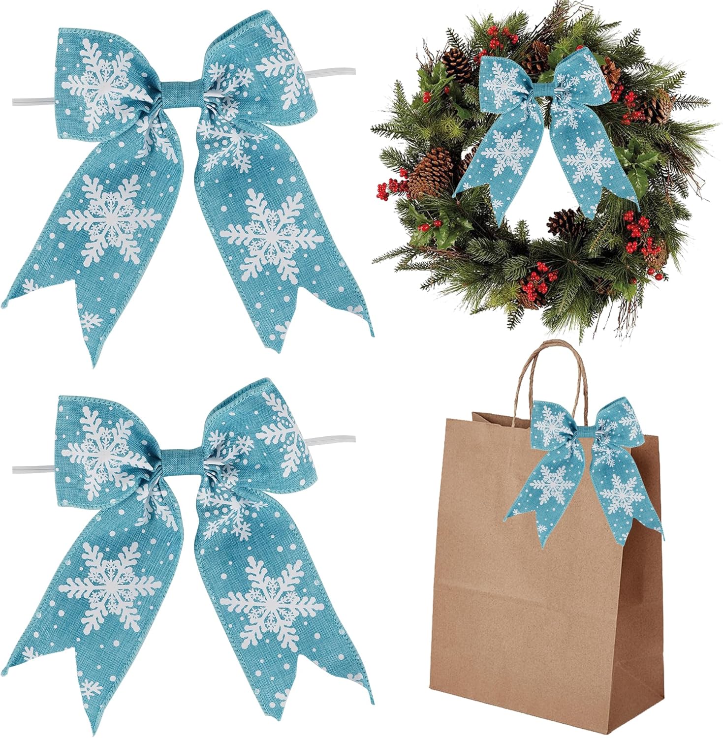 AIMUDI Blue Christmas Bows for Wreaths 6" Xmas Snowflake Bows Burlap Bow for Christmas Trees Twist Tie Bows for Gift Wrapping Crafts Fireplaces Presents Winter New Year Decor, 12 PCs