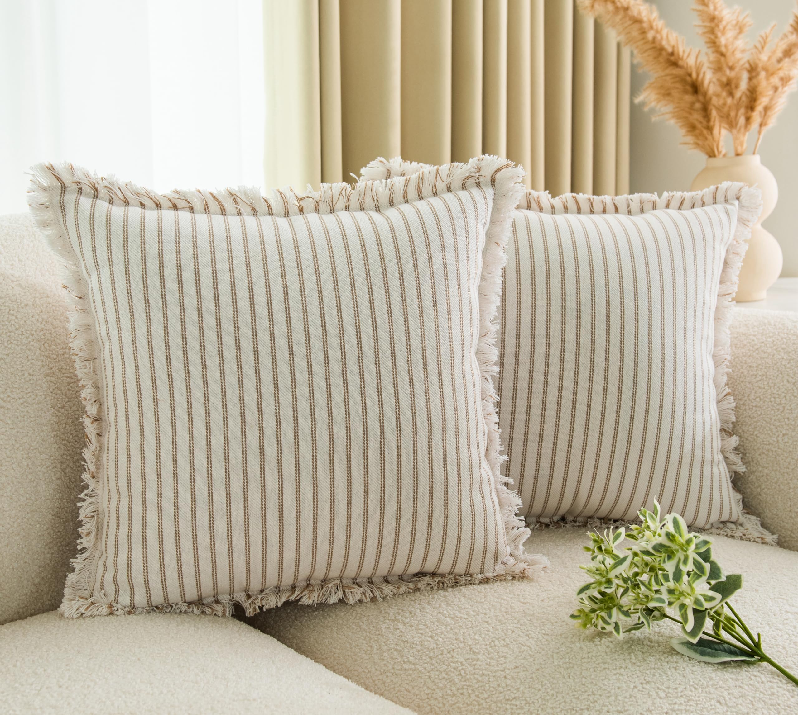 LIGICKY Set of 2 Fringe Cushion Covers with Tassels Khaki Boho Farmhouse Striped Throw Pillow Covers Soft Square Cushion Cases for Sofa Couch Bed Living Room Decor 20 x 20 inch