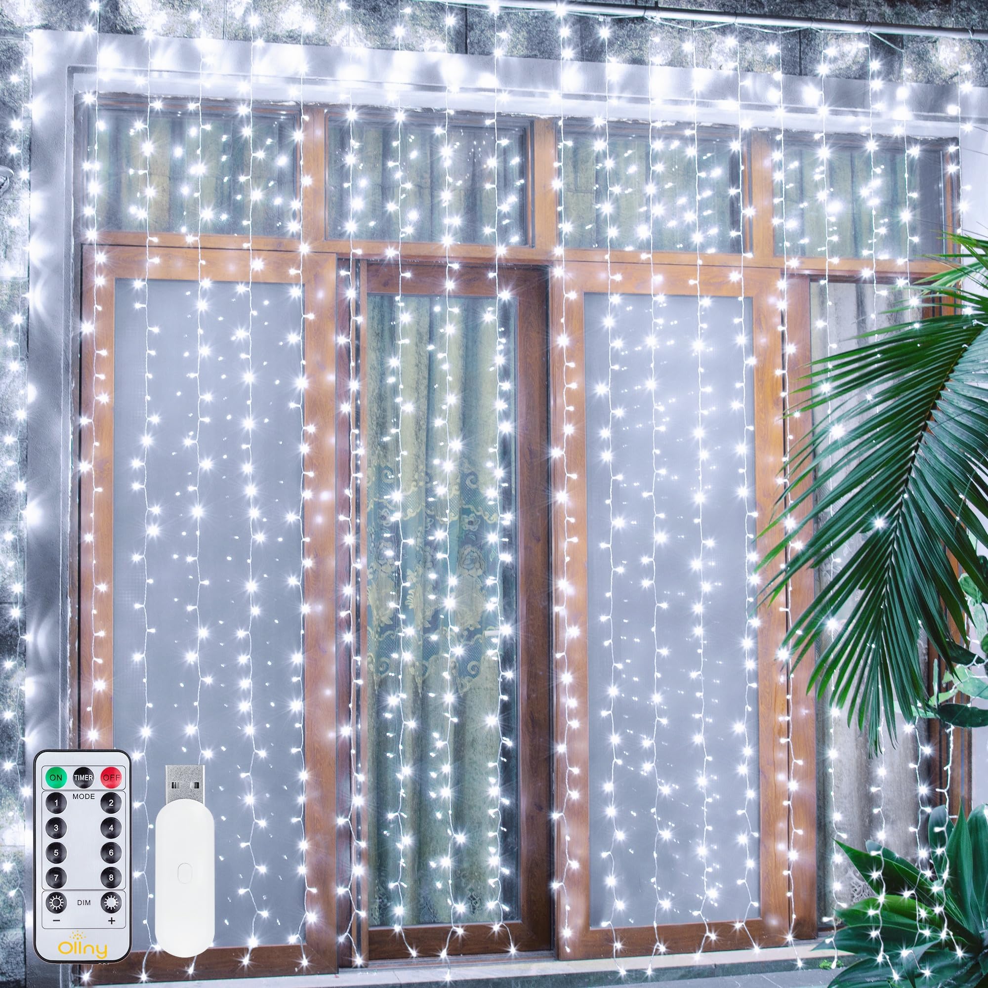Curtain Lights Indoor, 300 LED 3m x 3m Fairy Lights USB Powered, Waterproof Cool White String Light with 8 Modes/Timer/Remote, Bedroom/Wall/House/Garden Decorations