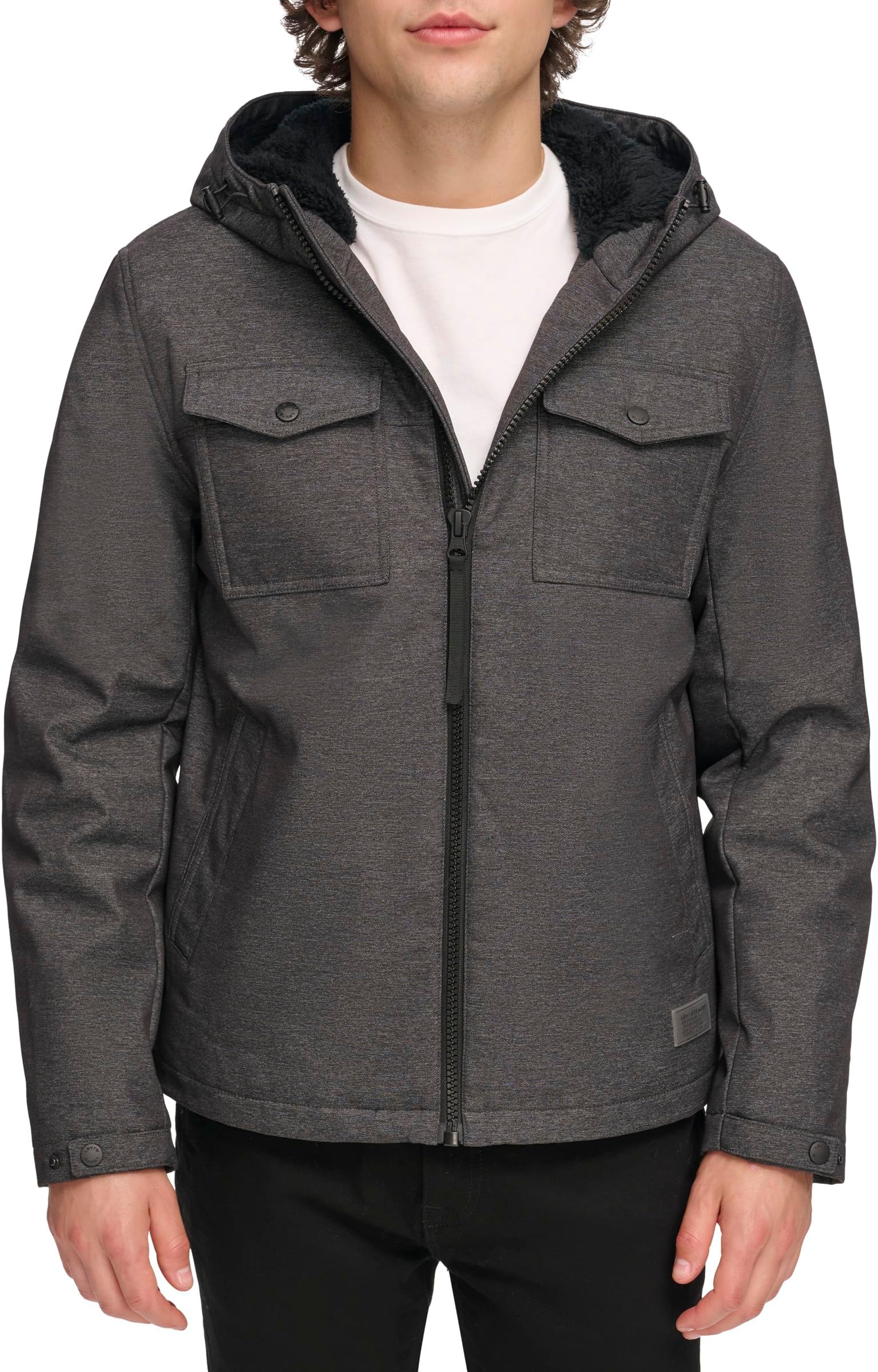 mens Soft Shell Two Pocket Sherpa Lined Hooded Trucker Jacket Insulated Jacket