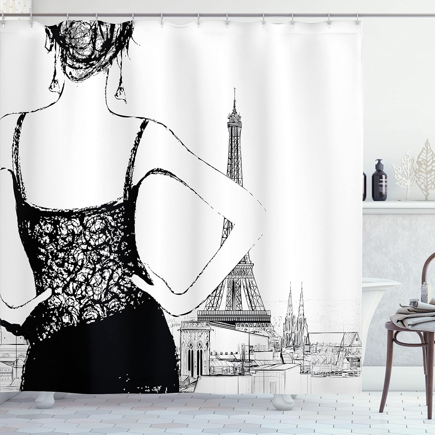 Ambesonne Sketchy Shower Curtain, Young Woman Back to Eiffel Tower, Cloth Fabric Bathroom Set with Hooks, 69" W x 75" L, Black & White