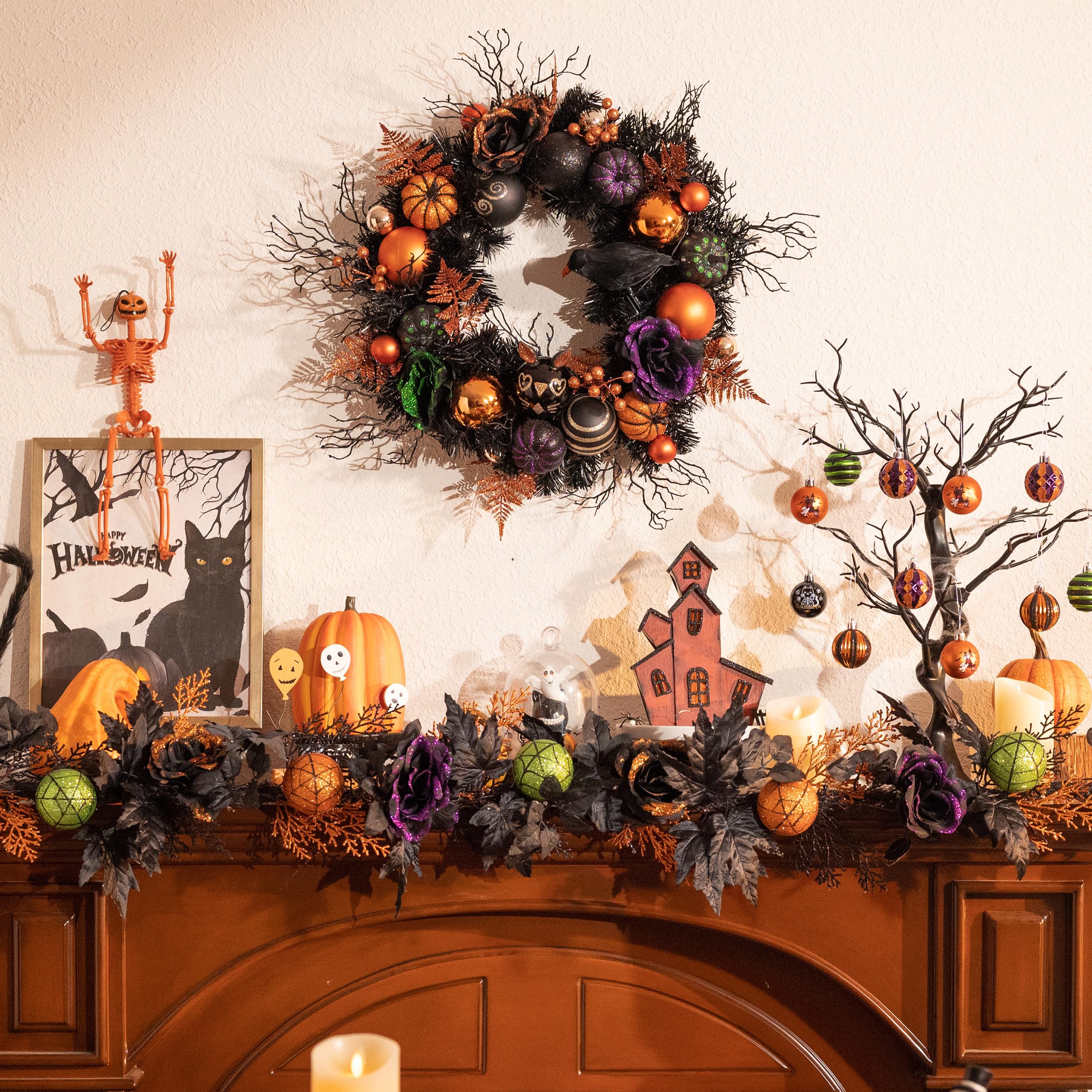 Valery Madelyn Guirlande d'Halloween pré-éclairée de 1,8 m avec boules de roses artificielles, décorations d'Halloween avec lumière LED pour porte d'entrée, décoration de fête d'intérieur d'Halloween