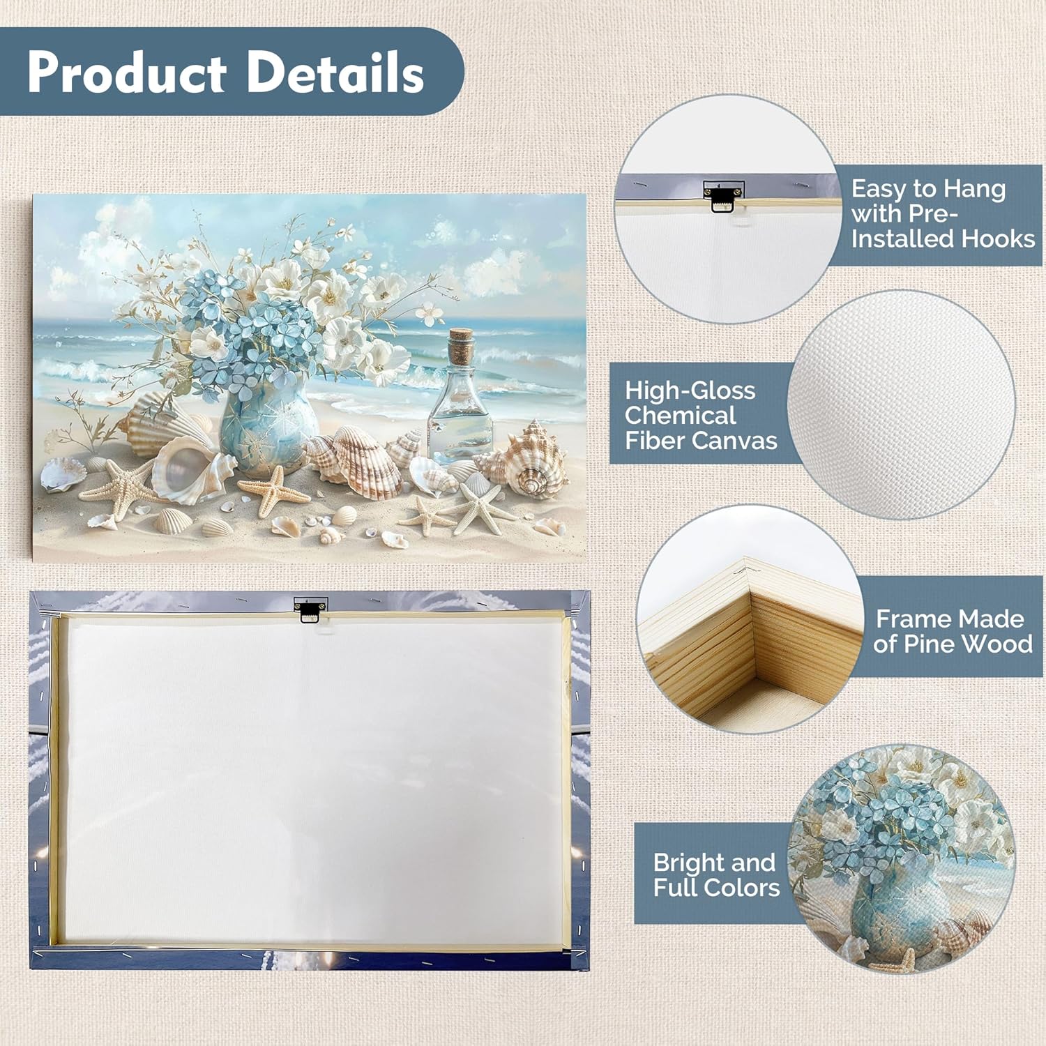 Bathroom Wall Art, Blue Flowers In Vase On The Beach Canvas Prints for Bedroom Wall Decor, Seascape Seashells Still Life Painting Pictures, Flower Poster Framed Artwork for Bathroom Decor 12x18 Inches