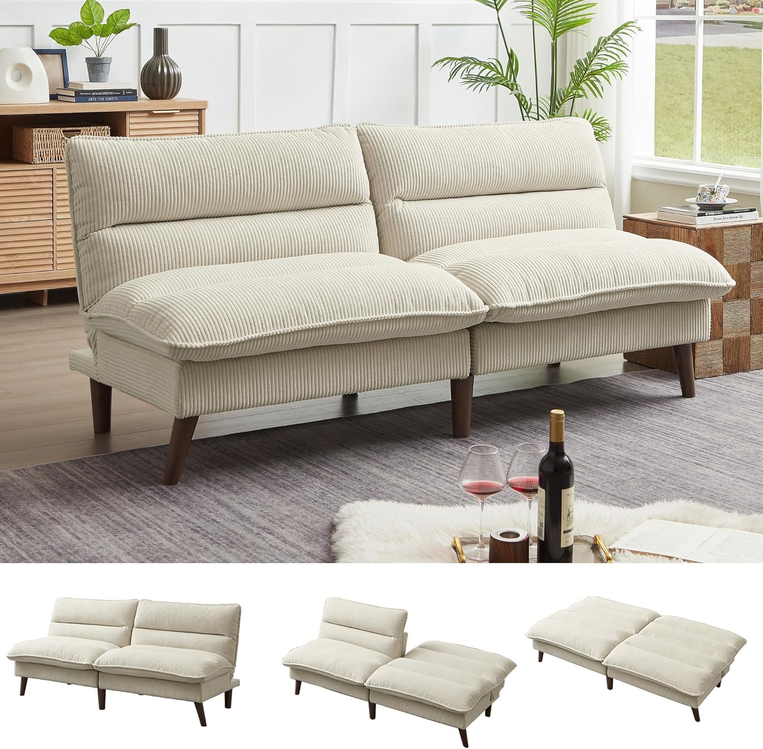 72" Convertible Futon Sofa Bed, Loveseat Couch, Modern Folding Futon Couch with 3-Level Adjustable Backrest, Sleeper Recliner Couches for Living Room/Guest Room/Apartment/Small Spaces, Beige