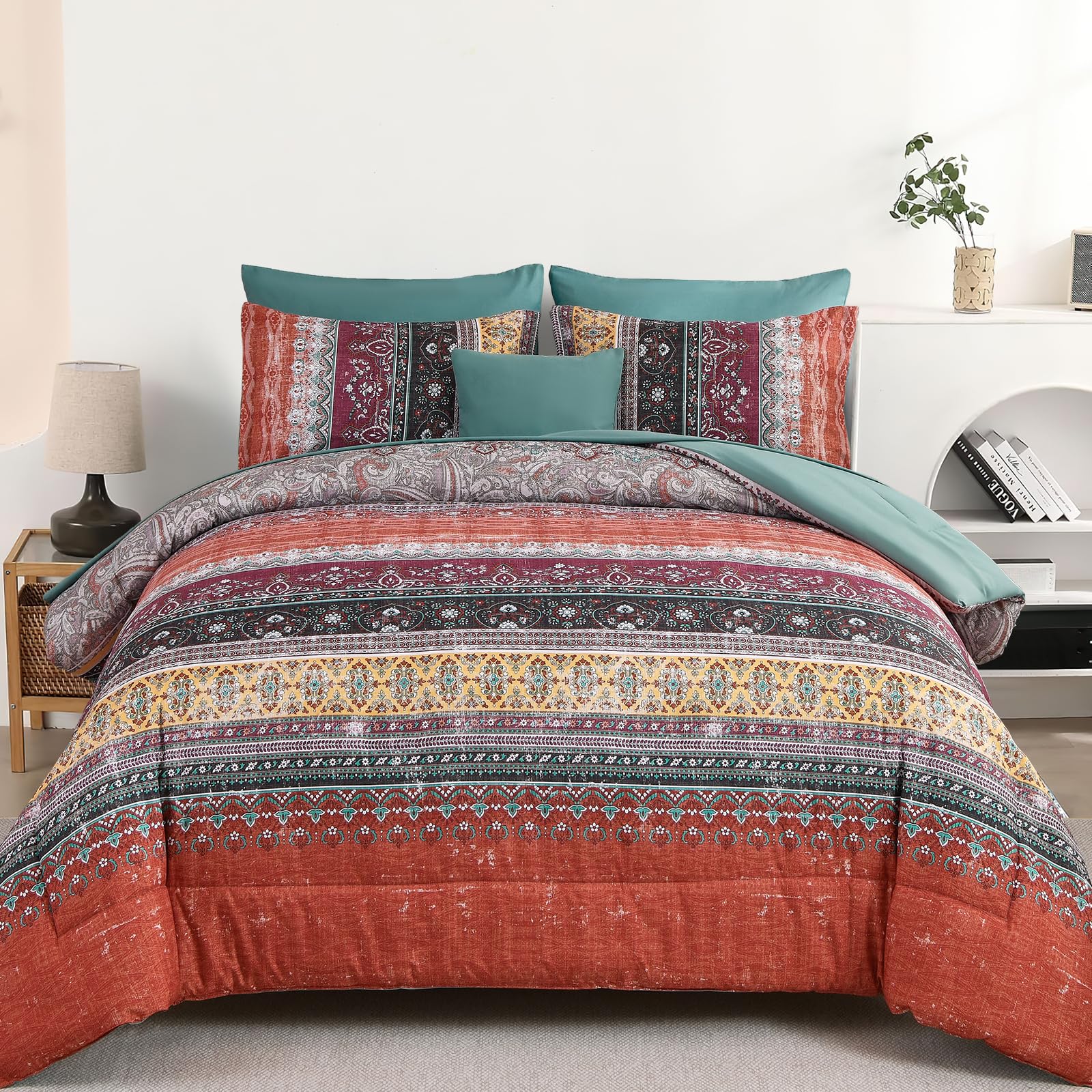 Cottolester Boho Queen Comforter Set 8 Pieces,Orange and Green Bohemian Striped Bed in a Bag,Paisley Soft Microfiber Bedding Comforter Set