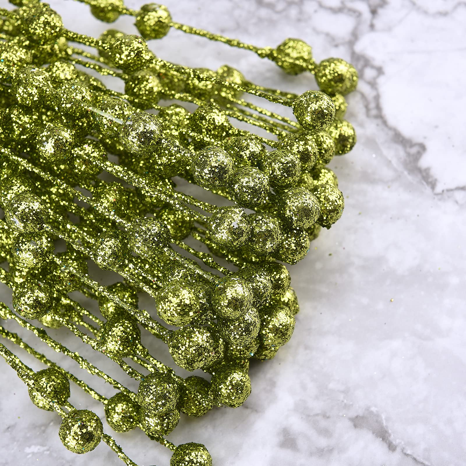 ASSR 100Pack Christmas Glitter Berries Stems,15.7in Fake Christmas Picks Glitter Sticks,Artificial Fruit Berry Picks for Xmas Tree Ornament -Green, 210712XU03-7-2#HSM13