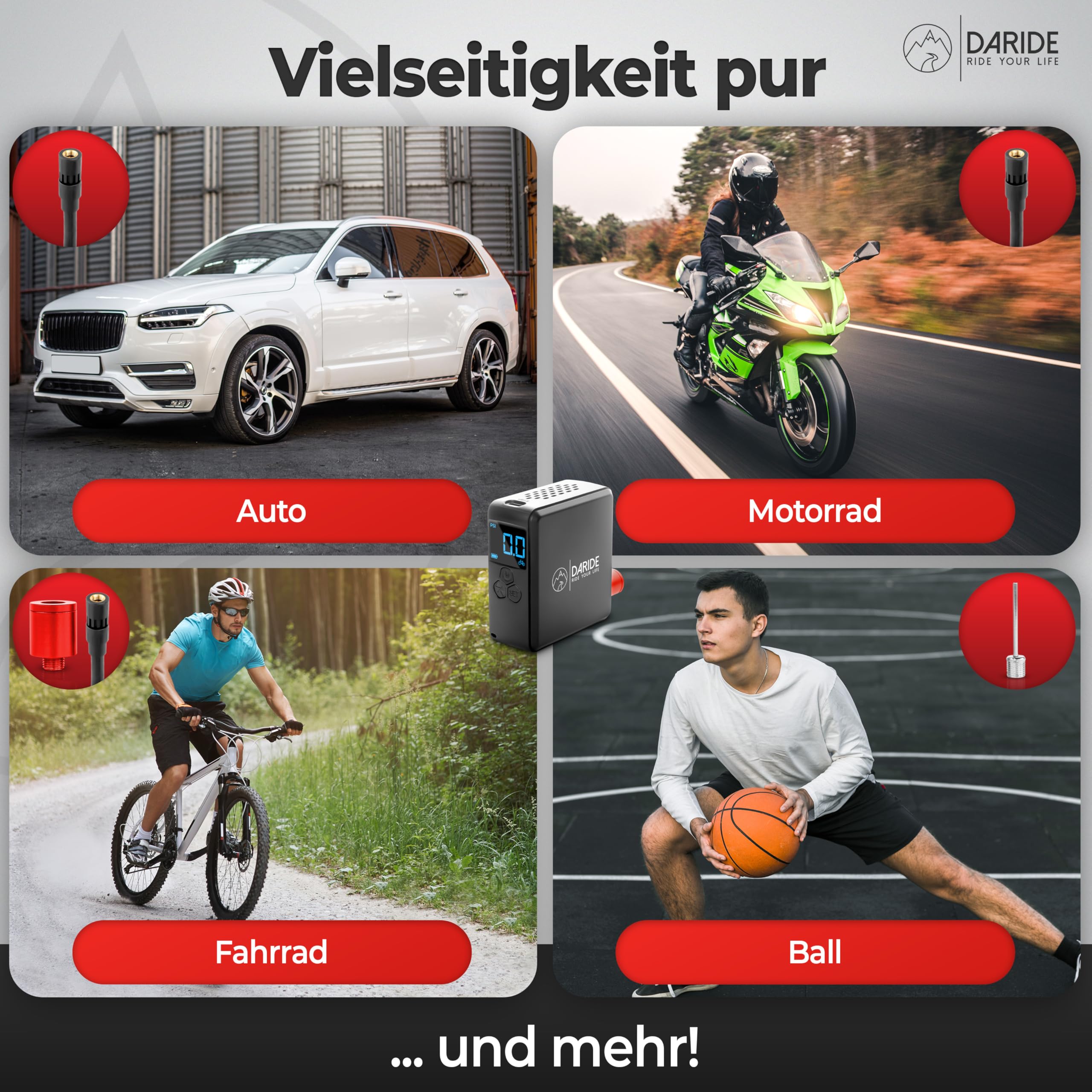 Mini Elektrische Fahrradpumpe - Kleine Akku Luftpumpe & Kompressor für Fahrrad, Auto, Motorrad, Bälle, Tubeless | [10,3 Bar] | Tragbarer Minipumpe & Reifendruckprüfer mit LED-Bildschirm