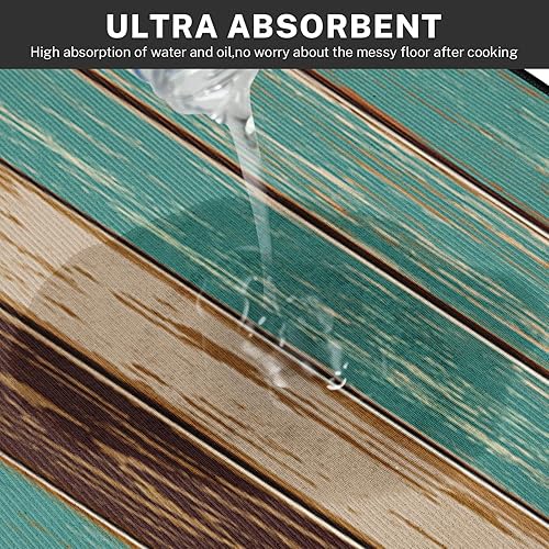 Miniatura 7 de Juego de 2 alfombras y tapetes rústicos de cocina antideslizantes, lavables, color verde azulado de madera para suelo, alfombra de pasillo de rayas