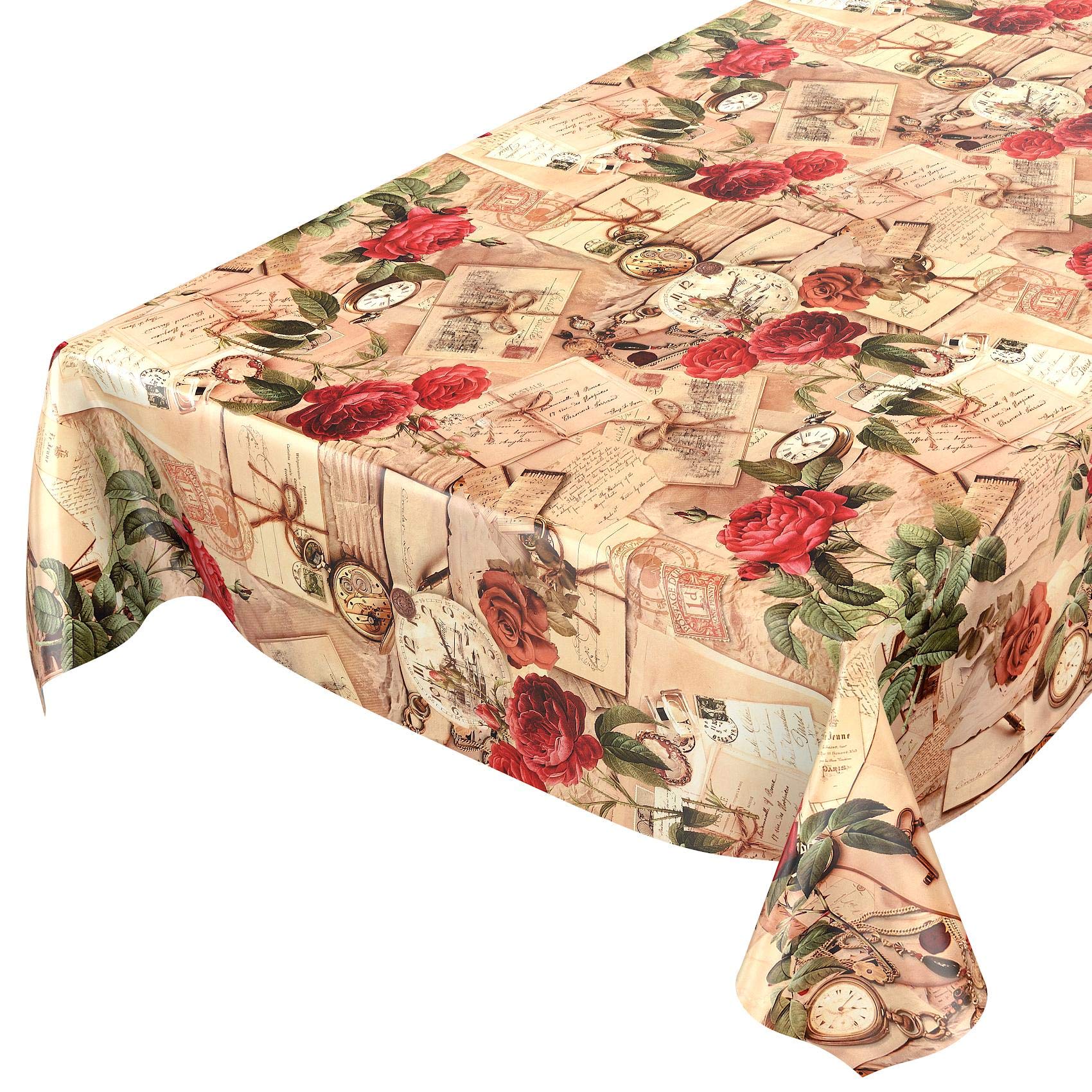 ANRO Tischdecke Wachstischdecke Wachstuch Wachstuchtischdecke Landhaus Rosen Briefe 260x140cm eingefasst abwaschbar wasserabweisend Gartentischdecke Meterware pflegeleicht Lotuseffekt