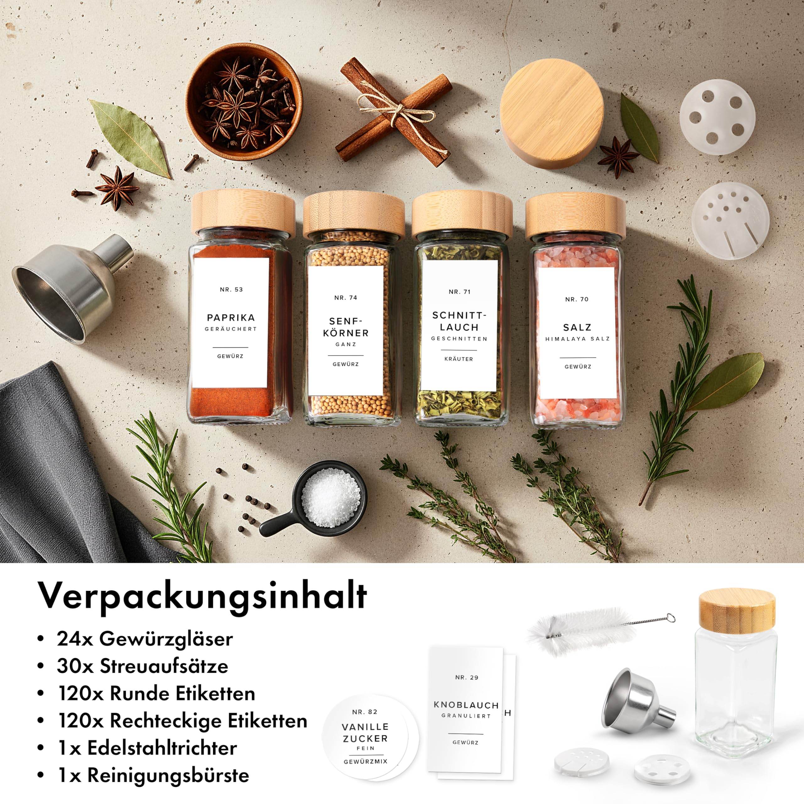EDELHAUS Gewürzgläser Eckig Set mit Bambusdeckel (24 x 120ml) Gewürzstreuer mit Streueinsatz und 240 Etiketten Weiß - Holzdeckel Gewürzbehälter, Gewürzdosen, Gewürze organizer [11cm x 4,5cm]