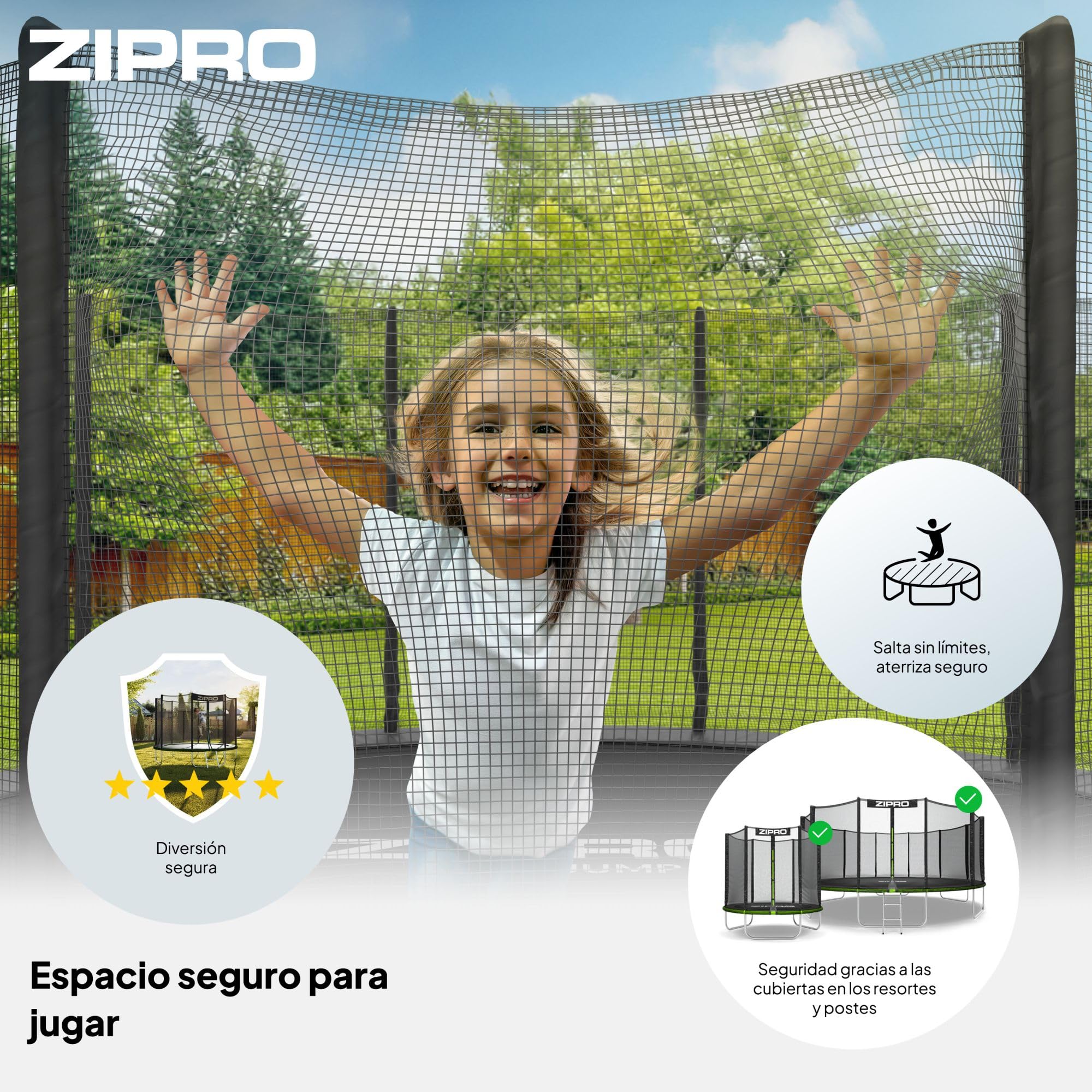 ZIPRO JumpPro out Trampolín Exterior, Cama Elástica para Niños, con Red Externa, Resistente, Protección UV, Montaje Fácil, Soporta 100-150 kg, Ø 183/252/312/374/435/496 cm