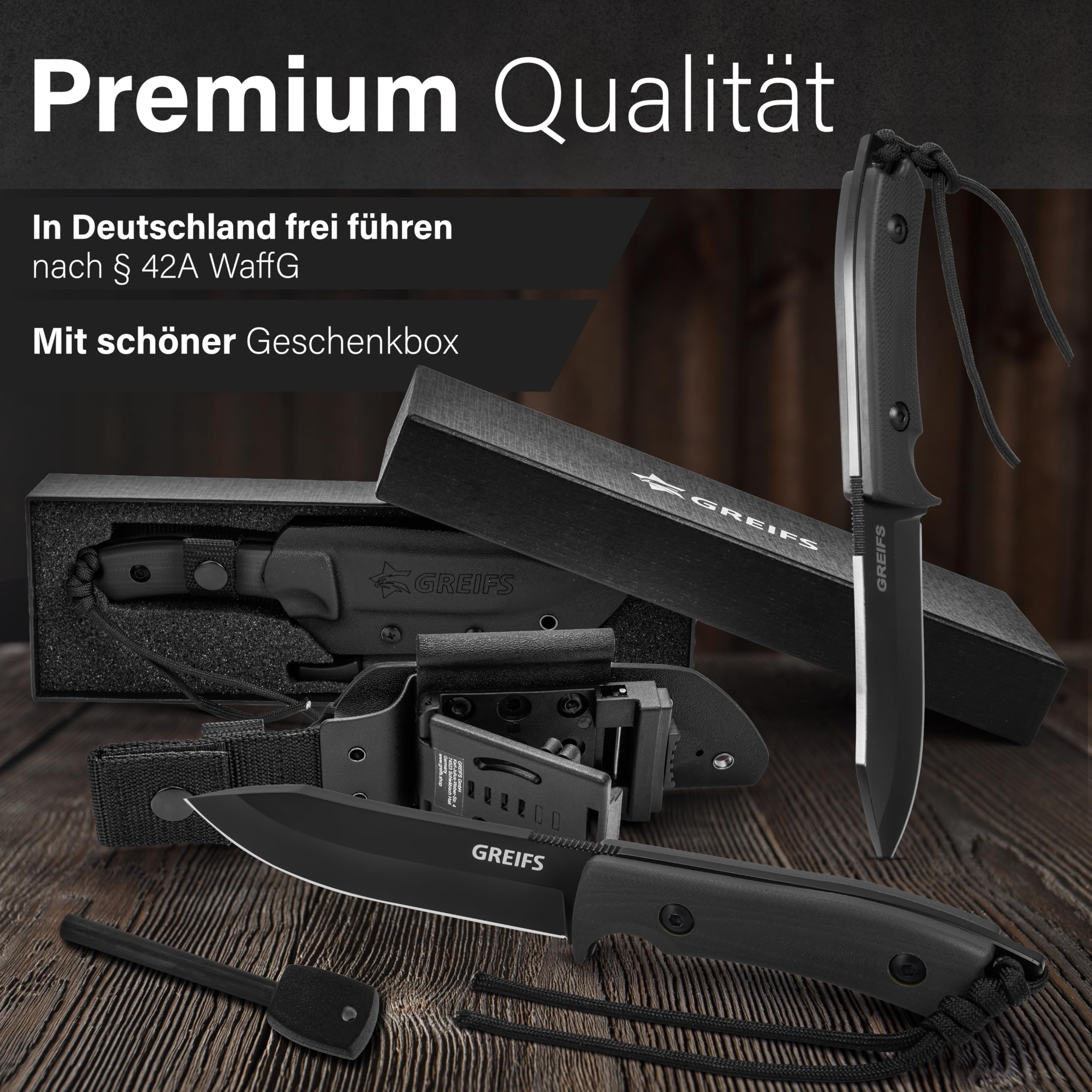 GREIFS® Outdoor-Messer aus D2 Stahl mit Kydex Holster und Feuerstahl, edles Survival Messer für die Bushcraft Ausrüstung, Jagdmesser, Schnitzmesser, Fahrtenmesser (Milan/Schwarz)