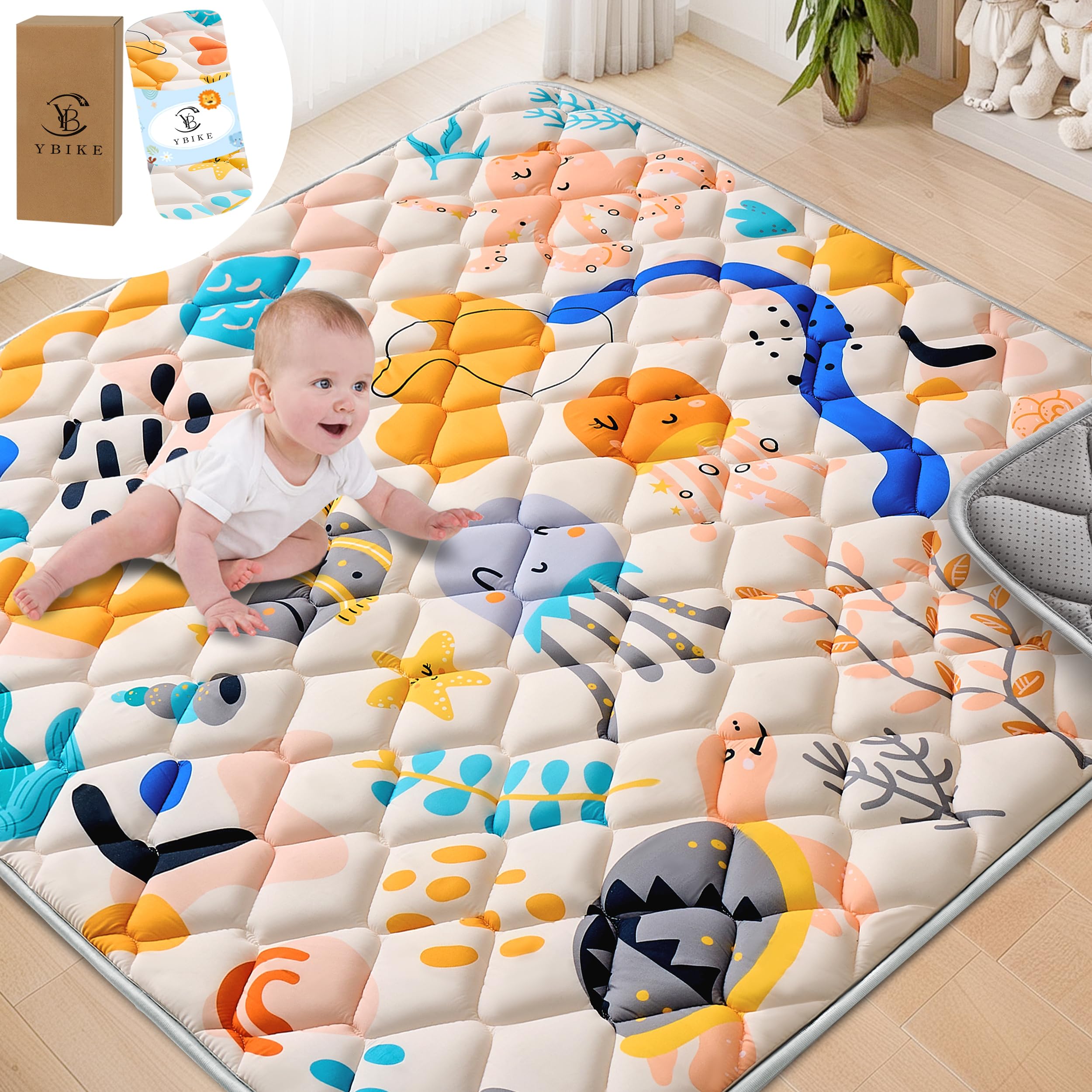 YBIKE Tappetino Gioco Pavimento, 127x127cm Grande Tappeto Pieghevole Antiscivolo Spesso, Morbido Tappeto Portatile, Lavabile in Lavatrice (Mare Boho)