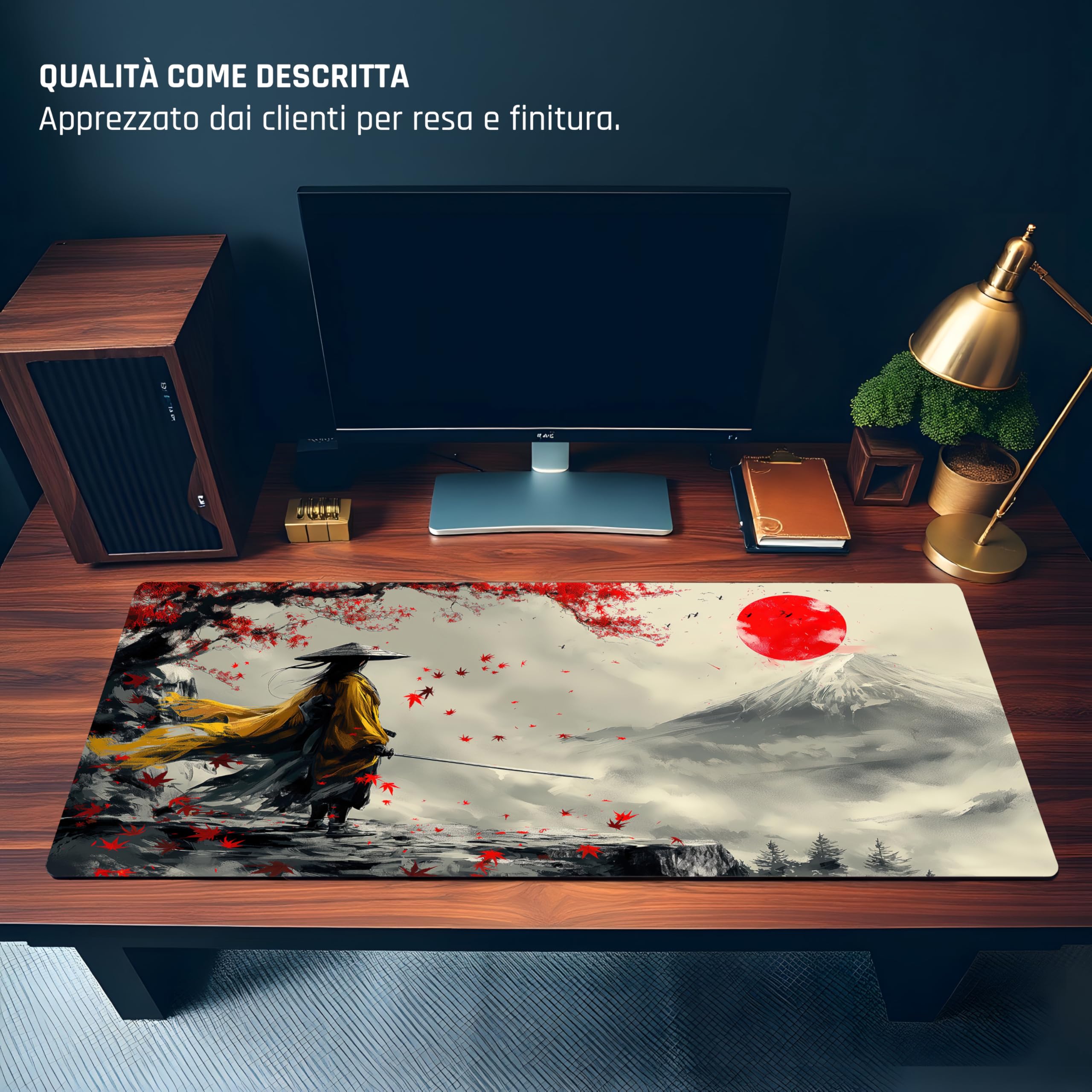 Tappetino Mouse XL 80×30 cm (3mm) – Samurai Giapponese Fuji & Sole Rosso – Desk Mat Gaming Antiscivolo, Bordi Cuciti, Tappetino Scrivania Grande per PC e Laptop