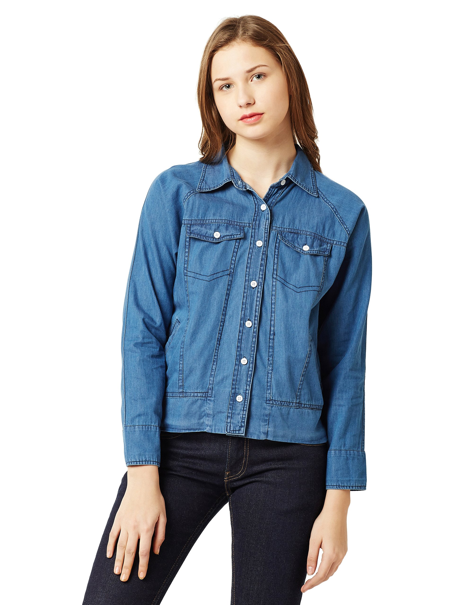 Women's Blue Collared Full Sleeves Solid Buttoned Denim Bomber Jacket-image-8