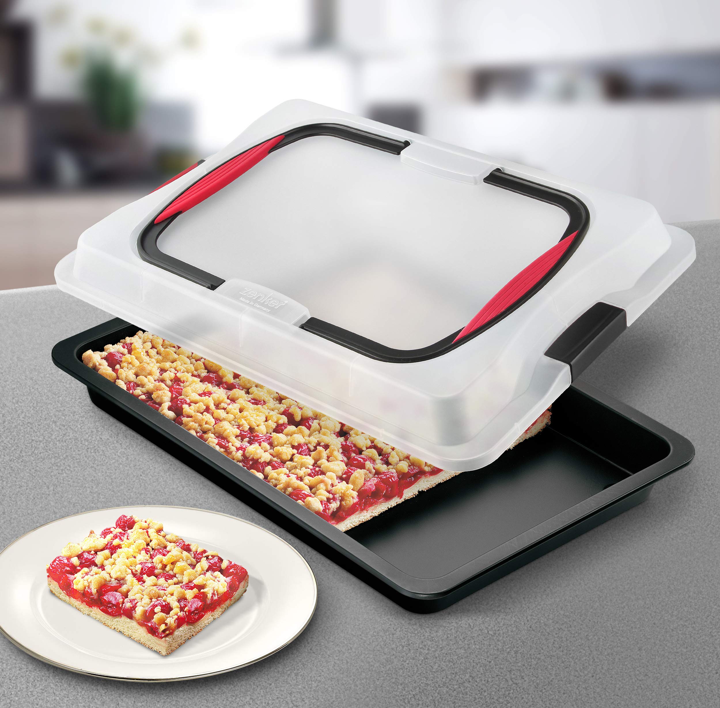 Zenker Blechkuchen-Set, Backblech mit Transport-Abdeckung für unterwegs, Deckel und Softgriff (Kuchenform: ca. 43 x 30 cm) inklusive Backpinsel zum leichten Einfetten und Glasieren, Menge: 1 x 2er Set