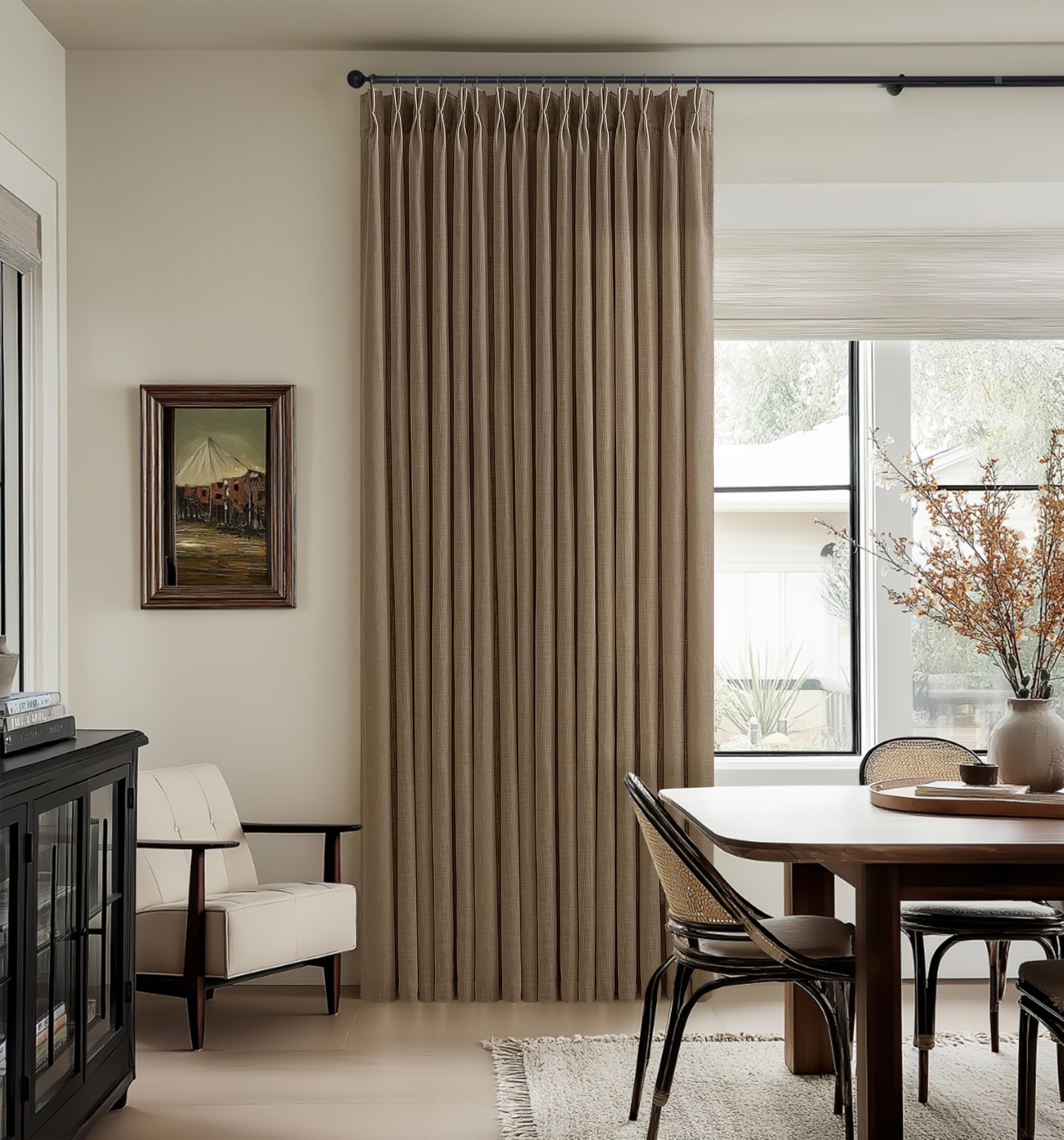 Photo 1 of Dutch Cocoa Pleated Thick Linen Curtains for Living Room Bedroom 102 Inches Long Semi Sheer Boho Country Privacy Linen Blend Back Tab Window Curtain Brown Dining Room Drapes 102 Inch 2 Panels