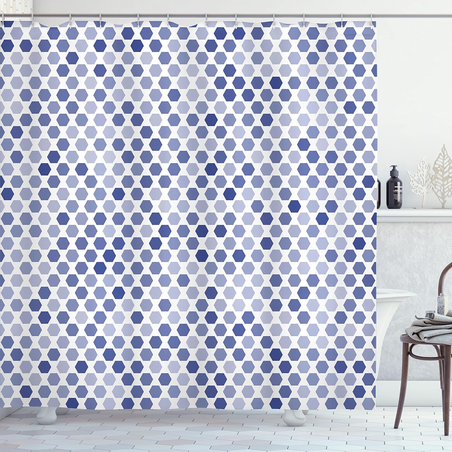 Ambesonne Geometric Shower Curtain Bathroom Decor Set with 12 Hooks Abstract Zig Zag Hexagon Bold and Dark Color Hues Modern Art Print Cloth for Restroom and House Decorations 69" W x 84" L Ceil Blue