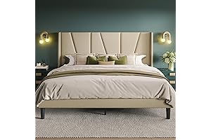 Allewie Queen Size Platform Bed Frame with Geometric Wingback Headboard
