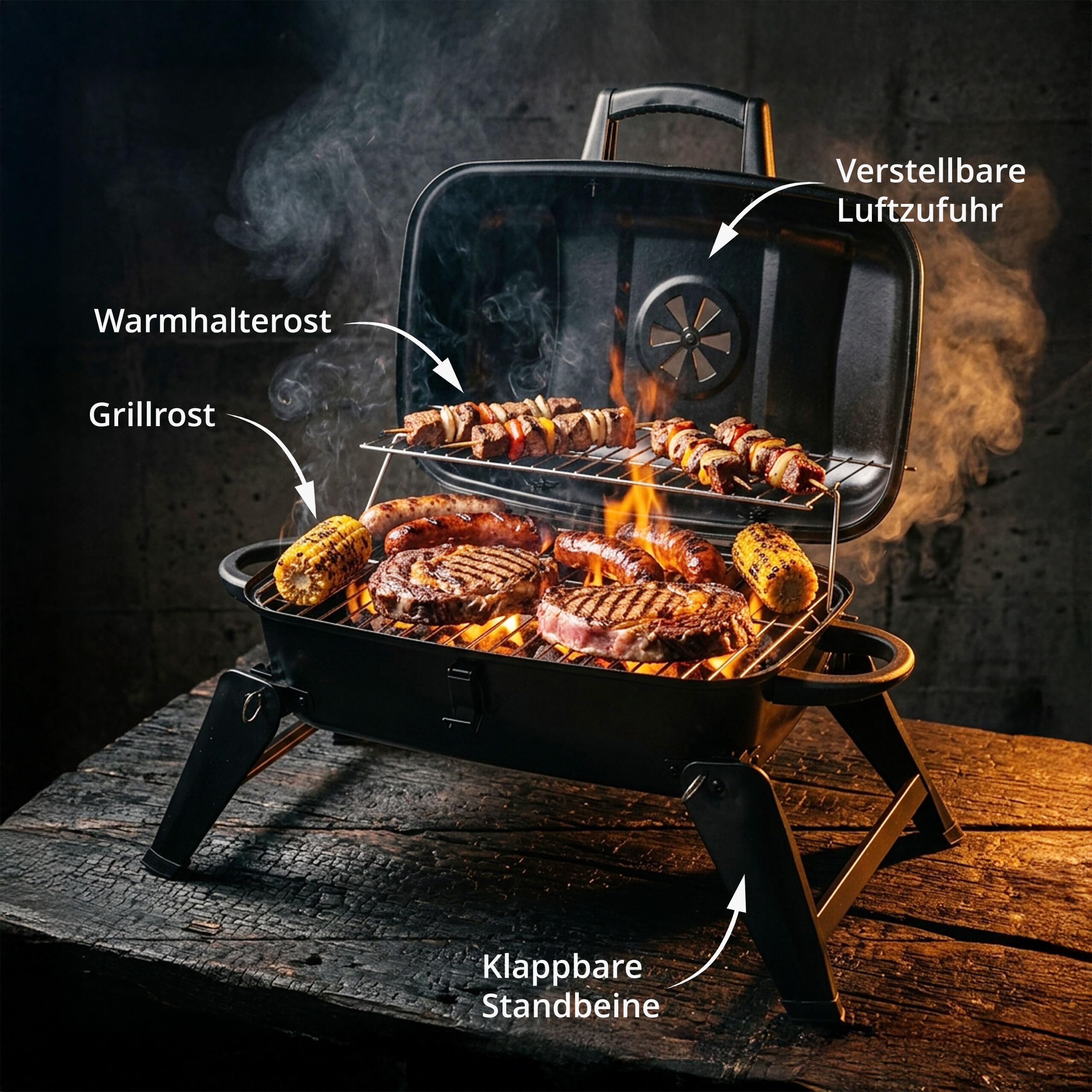 Relaxdays Tischgrill, tragbarer Klappgrill, HBT: 34 x 59 x 36 cm, Warmhalterost, Lüftung, Kohlegrill, Stahl, schwarz