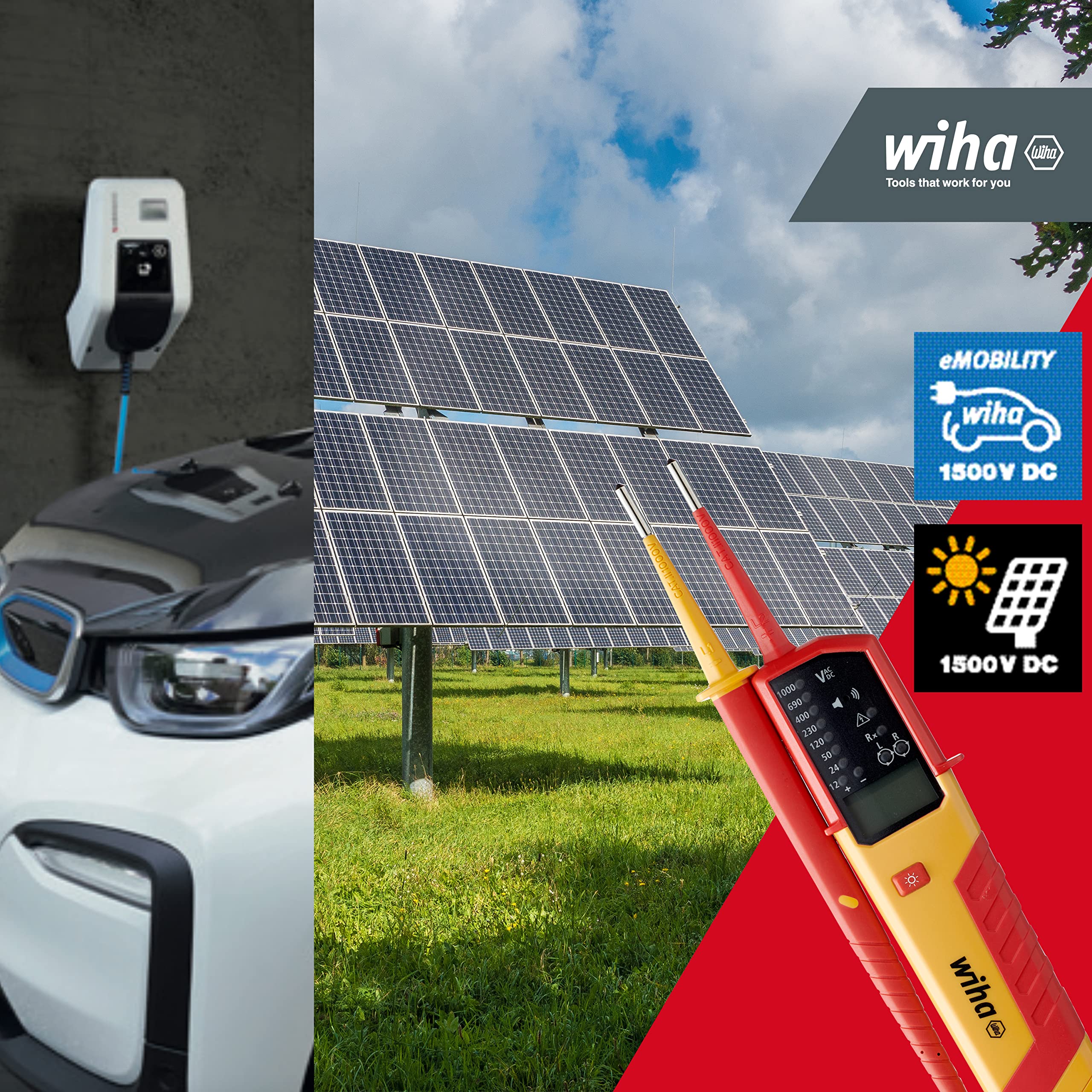 Wiha Spannungs- und Durchgangsprüfer eMobility I 12 – 1.000 V AC I CAT IV inkl. 2x AAA-Batterien I Ideal für Elektrofahrzeuge und Photovoltaikanlagen (44319)