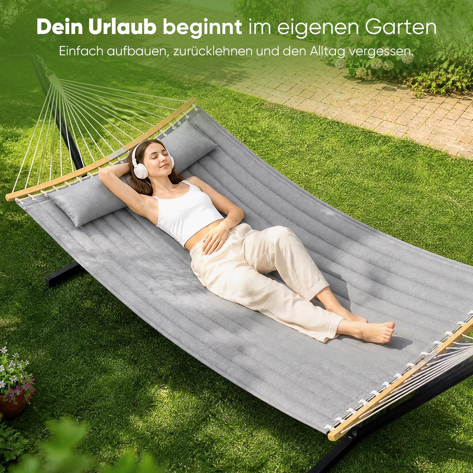 Sekey XXL Hängematte ohne Gestell für 2 Personen, 140 x 200 cm Gesteppte Doppelhängematte, bis 200 kg belastbar, inklusive Nackenkissen & Tragetasche, Stabhängematte für Garten Balkon Terrasse, Grau