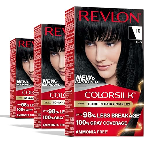 Revlon ColorSilk with Bond Repair Complex, Black Permanent Hair Color, 100% Gray Coverage, Ammonia Free Hair Dye, Vegan Keratin, 10 Black (Pack of 3)
