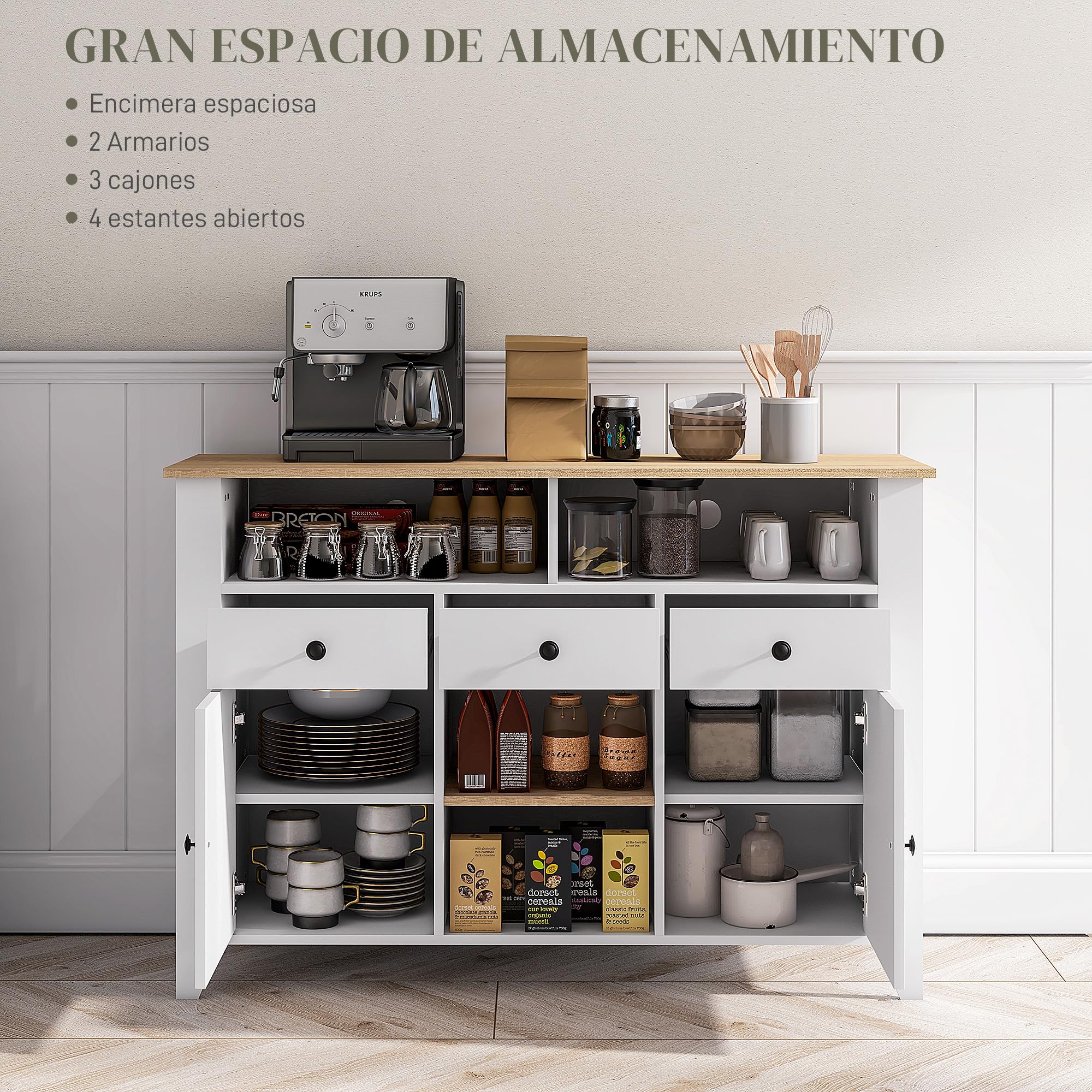 HOMCOM Aparador de Cocina Moderno 2 Puertas 120x38x81,5 cm Blanco y Roble | Mesa para Televisores de 50 Pulgadas, 3 Cajones, 2 Estantes Abiertas, 2 Estantes Regulables