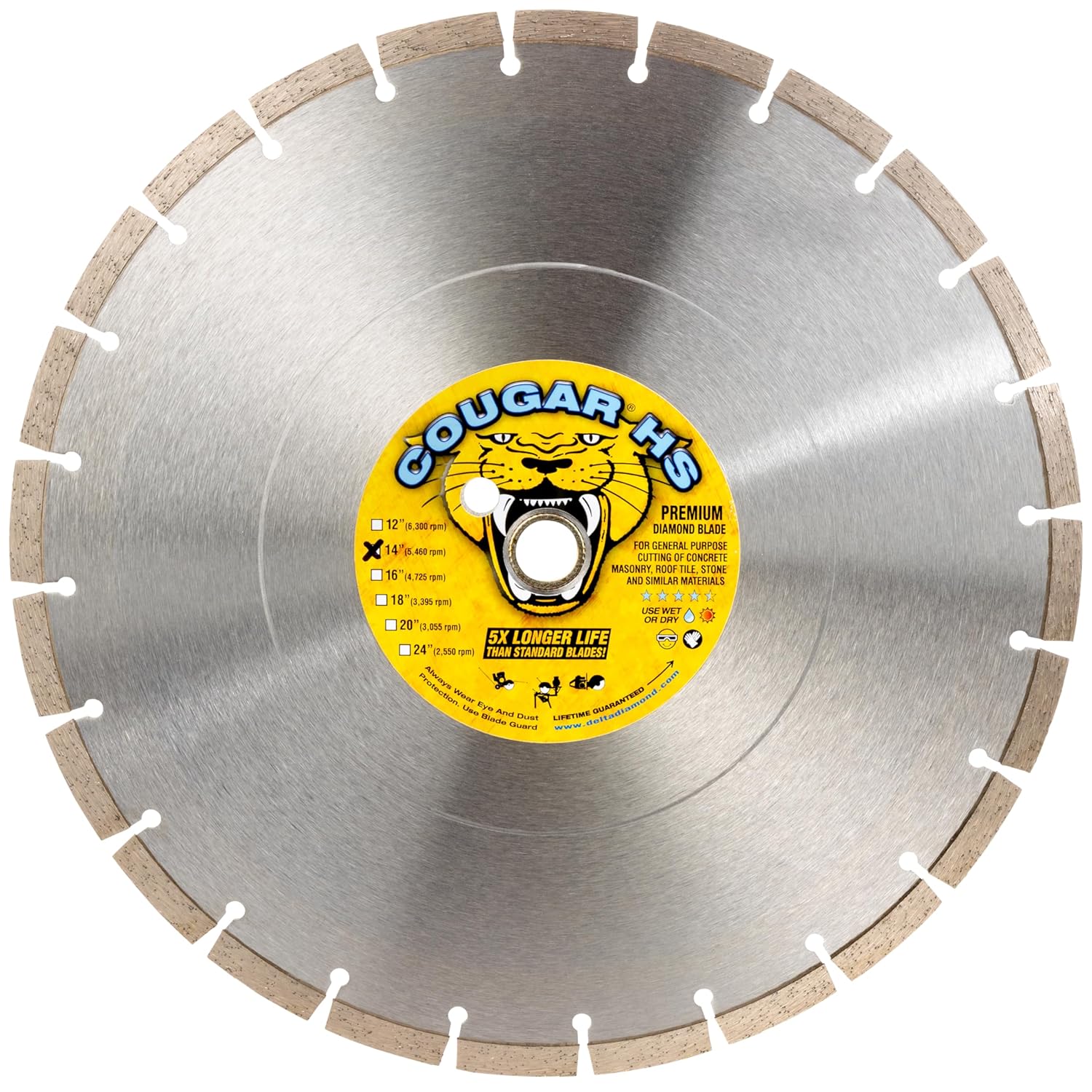 Delta Diamond Cougar HS 14" Premium Segmented Saw Blade for Concrete, Masonry, Brick, Block - Dry/Wet Cut, 1"-20mm Arbor