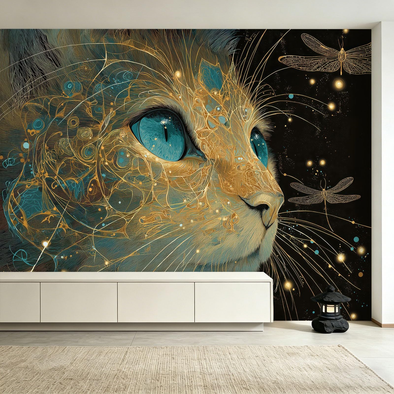 Fototapeta z efektem 3D, 300 x 210 cm, zwierzęta, kot, złote linie, motyw włókniny, tapeta ścienna, do salonu, sypialni, łazienki, kuchni, dekoracja ścienna